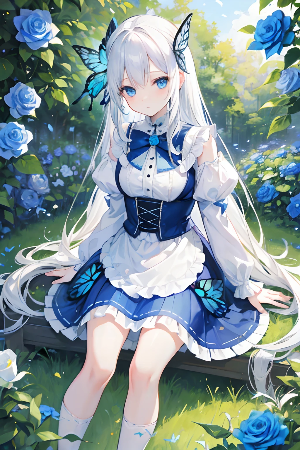 long white hair,blue color eyes,blue butter fly,butterflys,Multi-layered ta skirt,A skirt with a butterfly pattern,blue rose,trpical garden,Sit Pose,Sitting on the grass in the garden