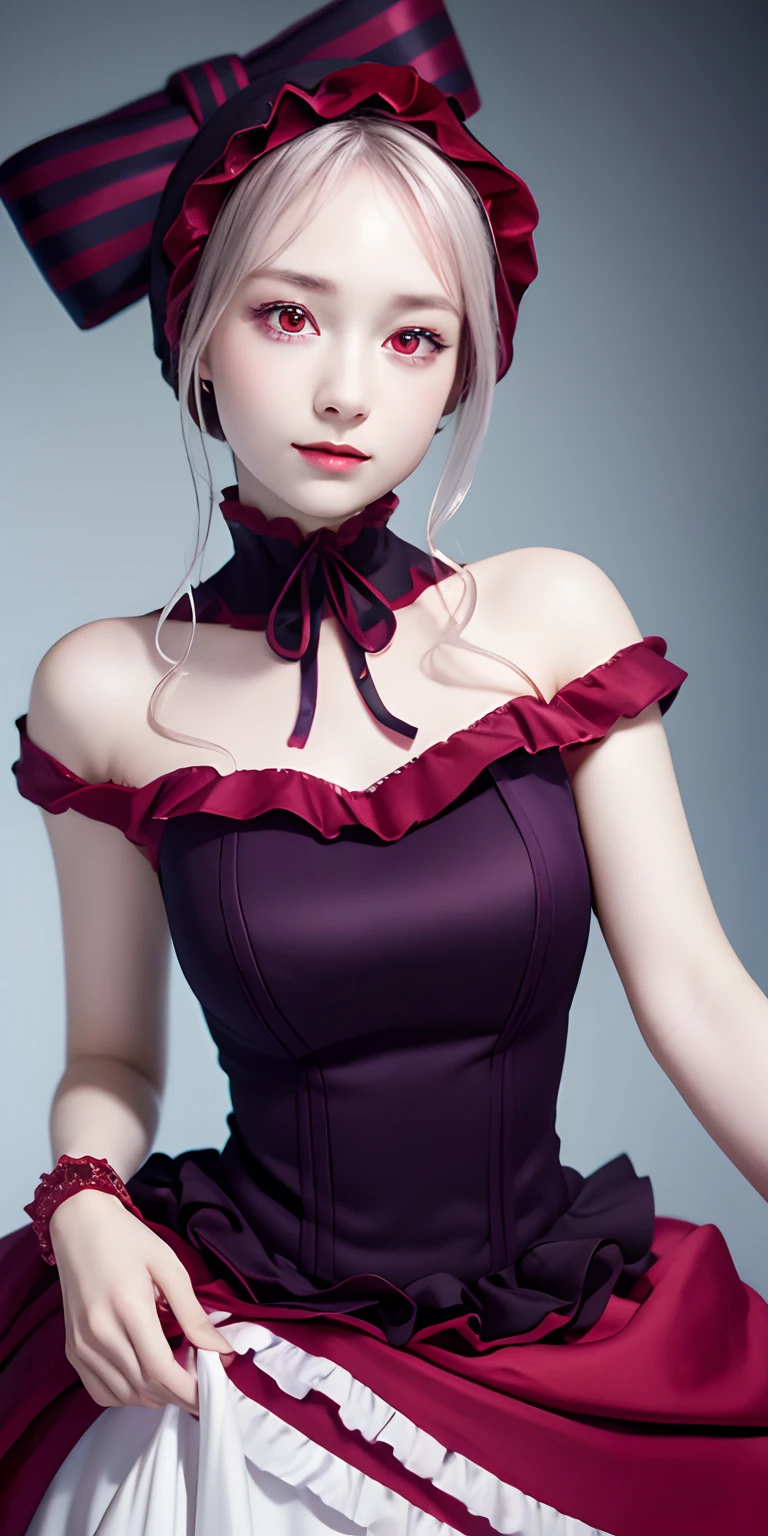 , best quality, ShalltearV4, 1girl, solo, dress, frills, bow, hair bow, fang, slight smile, pale skin, glowing, glowing eyes, portrait