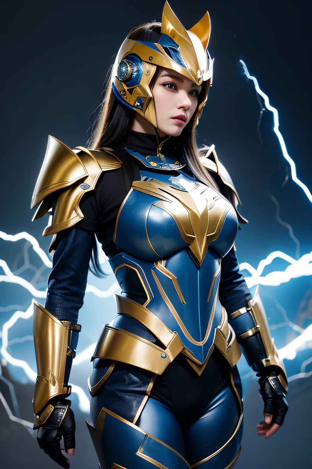 4K, masutepiece, hight resolution, absurderes,, Edge Thunderstruck, (Woman in metal blue and gold armor) ,Wearing Edge and Thunder Tracks_armor, electrification, Wilding Thunder, Wearing an intricate armor helmet、masterpiece, top-quality, hightquality, hight resolution,