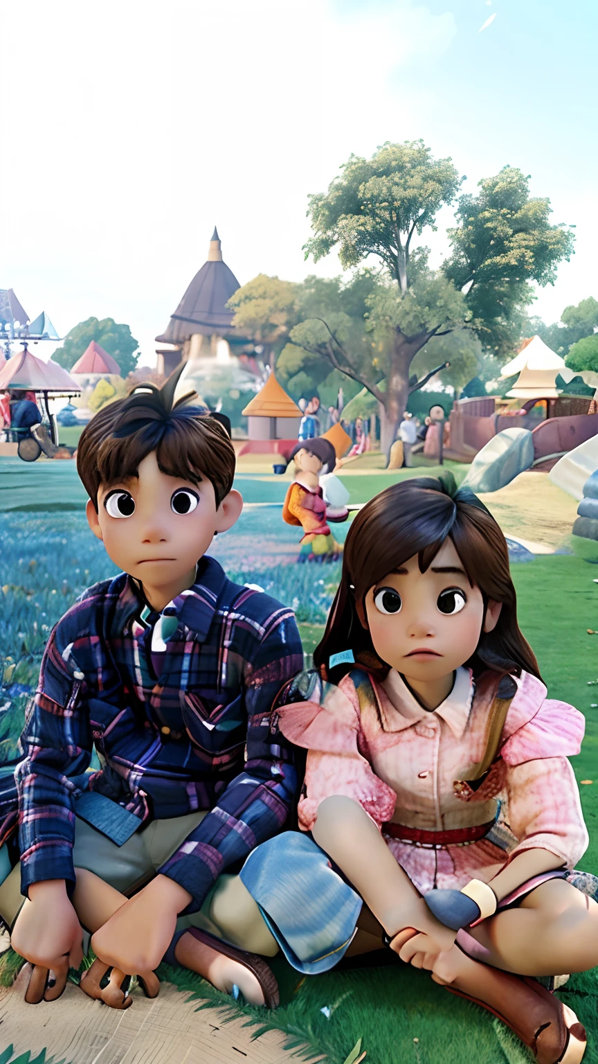there are two children sitting on the grass in the park, they are very serious, very very low quality picture, very clear picture, children, at a park, with a kid, a picture, with a park in the background, background blur, serious expression, with a park in the back ground, 😭 🤮 💕 🎀, ayan nag, couple, in a park