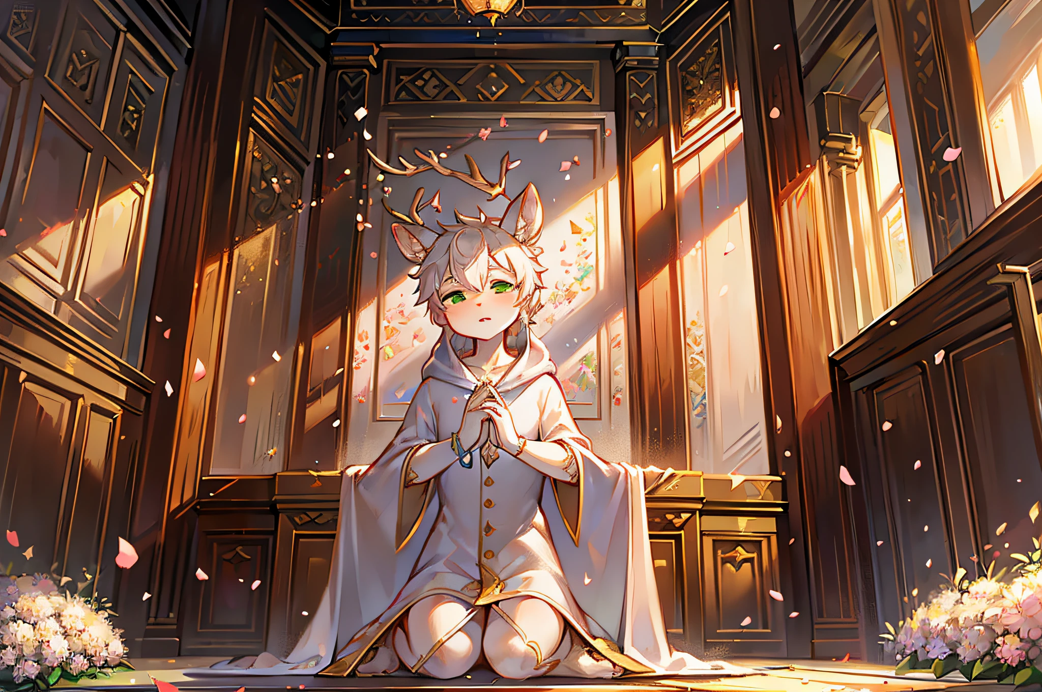 A white deer,long white robe,deer antlers,Shota,adolable,Green eyes,In the ancestral hall,rays of sunshine,kneeling to sitting on the ground,DOA,falling flower petals,blossoms,had his hands folded,closing her eyes,closing her eyes