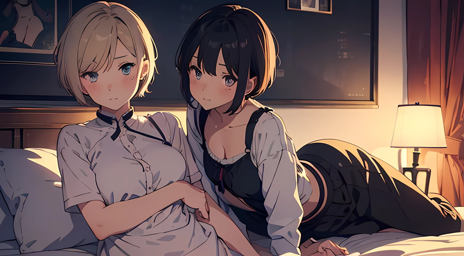 2 girls, (beautiful eyes finely detailed, short hair with different colors), wearing different outfit, sit on the bed, full body, teasing facial expression, looking at the camera, blush on their face, bedroom, master piece, sidelighting, top-quiality, detailed, High Resolution anime illustration