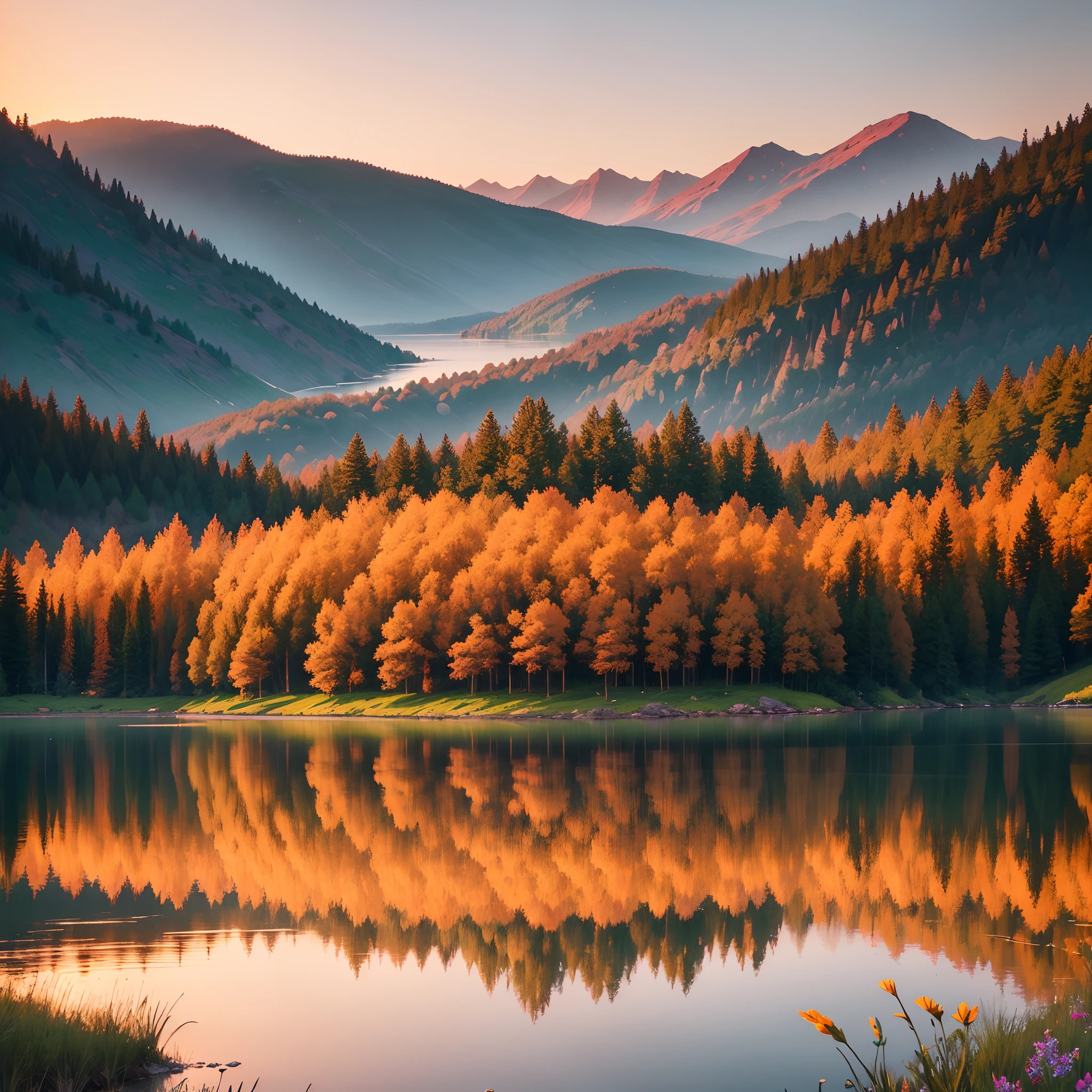 "Generate a stunning and serene landscape that features a picturesque sunset over a calm, crystal-clear lake surrounded by lush, rolling hills and colorful wildflowers. The scene should evoke a sense of tranquility and natural beauty, with the warm hues of the setting sun reflecting off the water, and the sky painted in various shades of orange, pink, and purple."