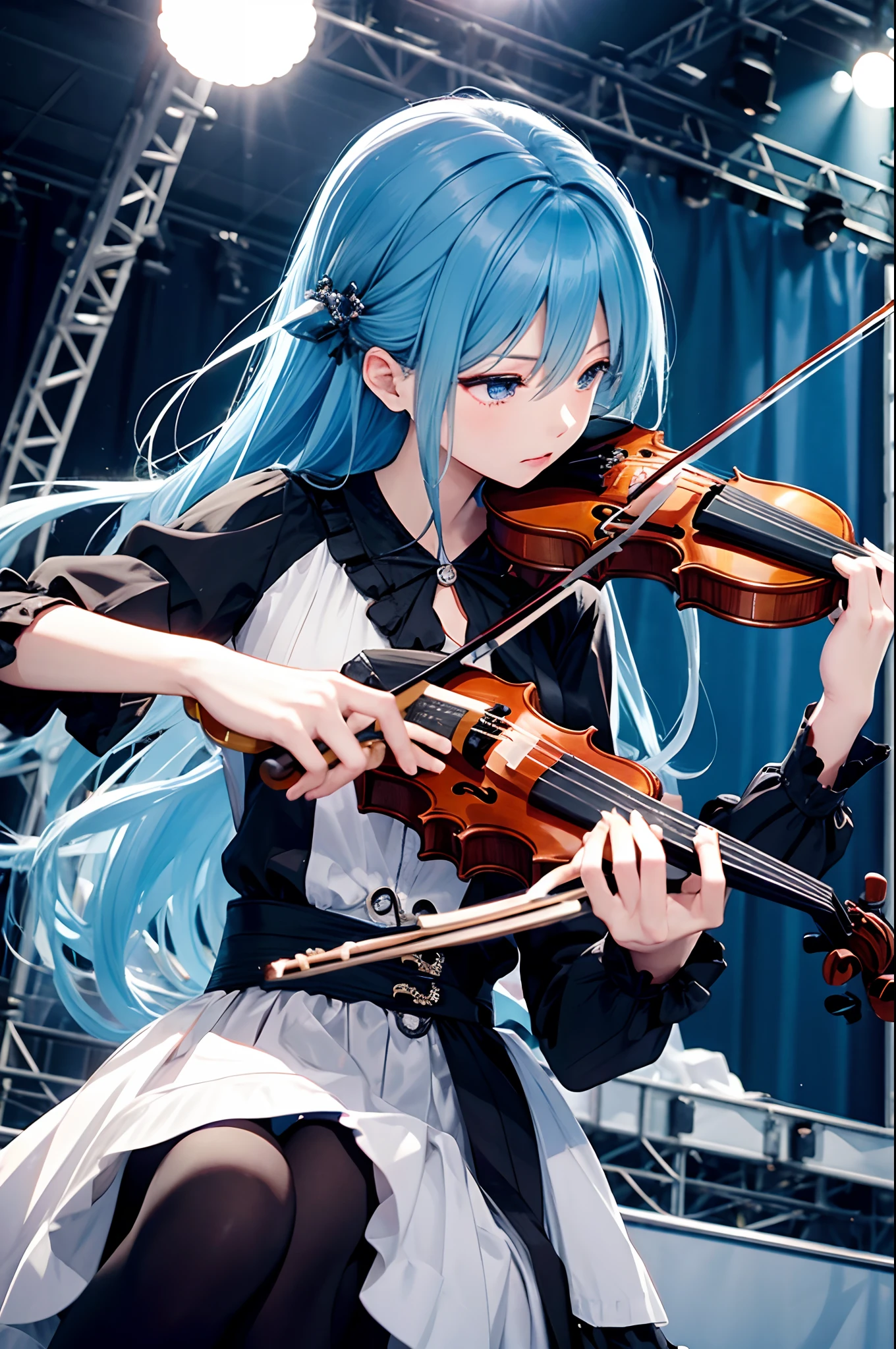 Live scenery、On stage、Playing the violin、blue hairs、Serious look、Fantastical、high-level image quality