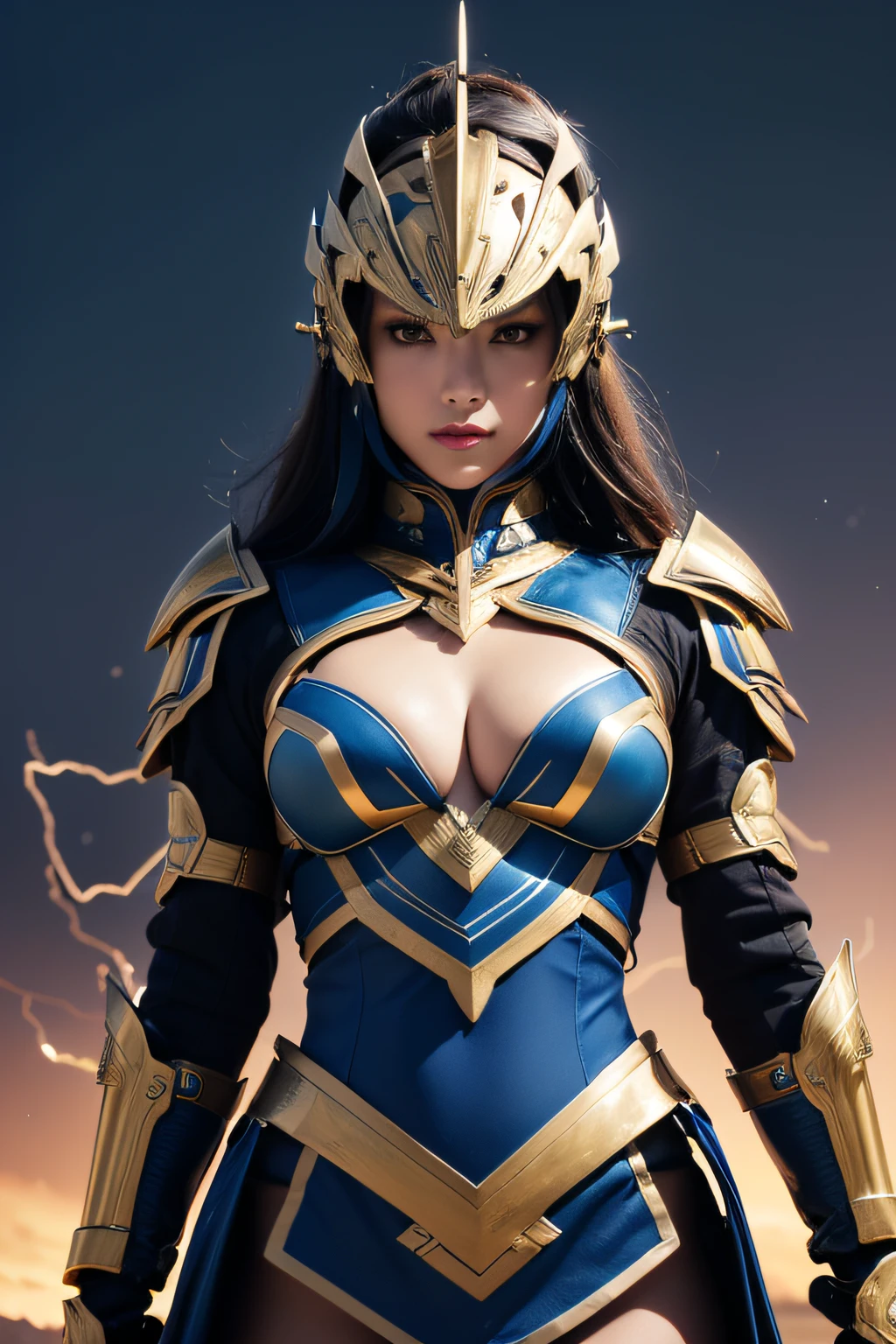 4K, masutepiece, hight resolution, absurderes,, Edge Thunderstruck, (Beautiful woman in metal blue and gold armor) , Extraordinary beauty, Wearing Edge and Thunder Tracks_armor, electrification, (Wilding Thunder, Wearing an intricate armor helmet、masterpiece, top-quality, hightquality, hight resolution,