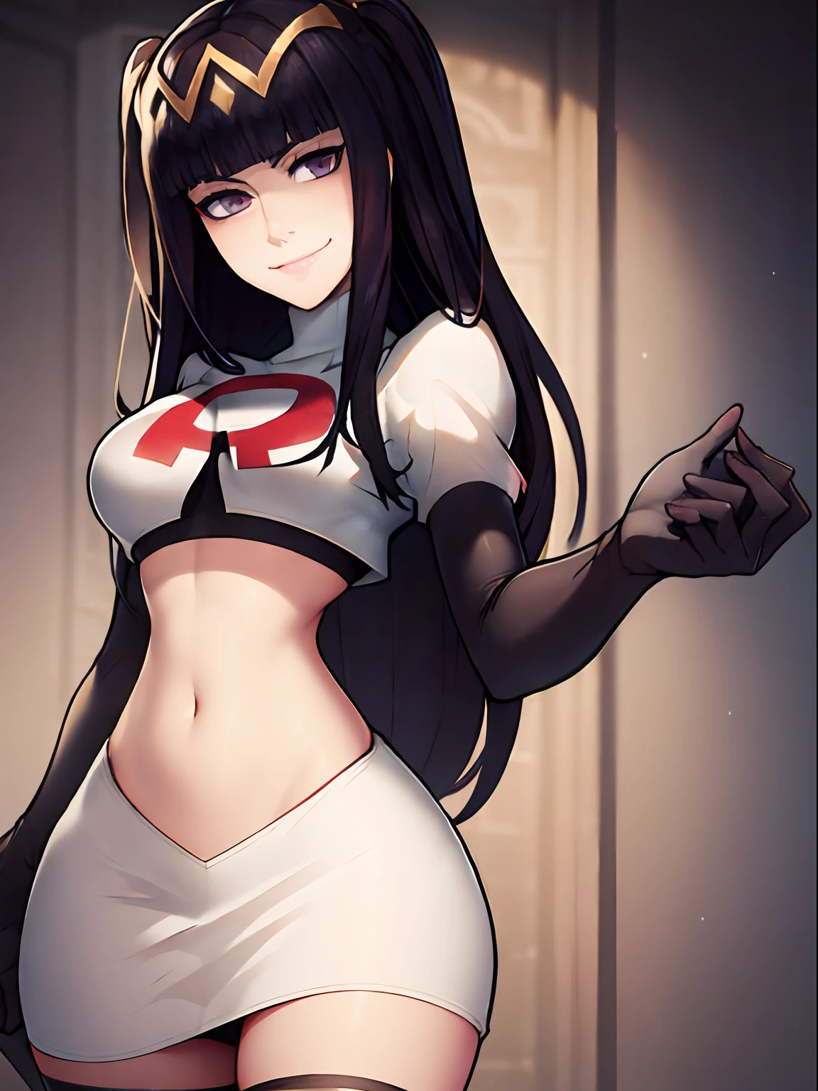 tharja, team rocket, team rocket uniform, red letter R, white skirt, white crop top, black thigh-high boots, black elbow gloves, looking at viewer, evil smile