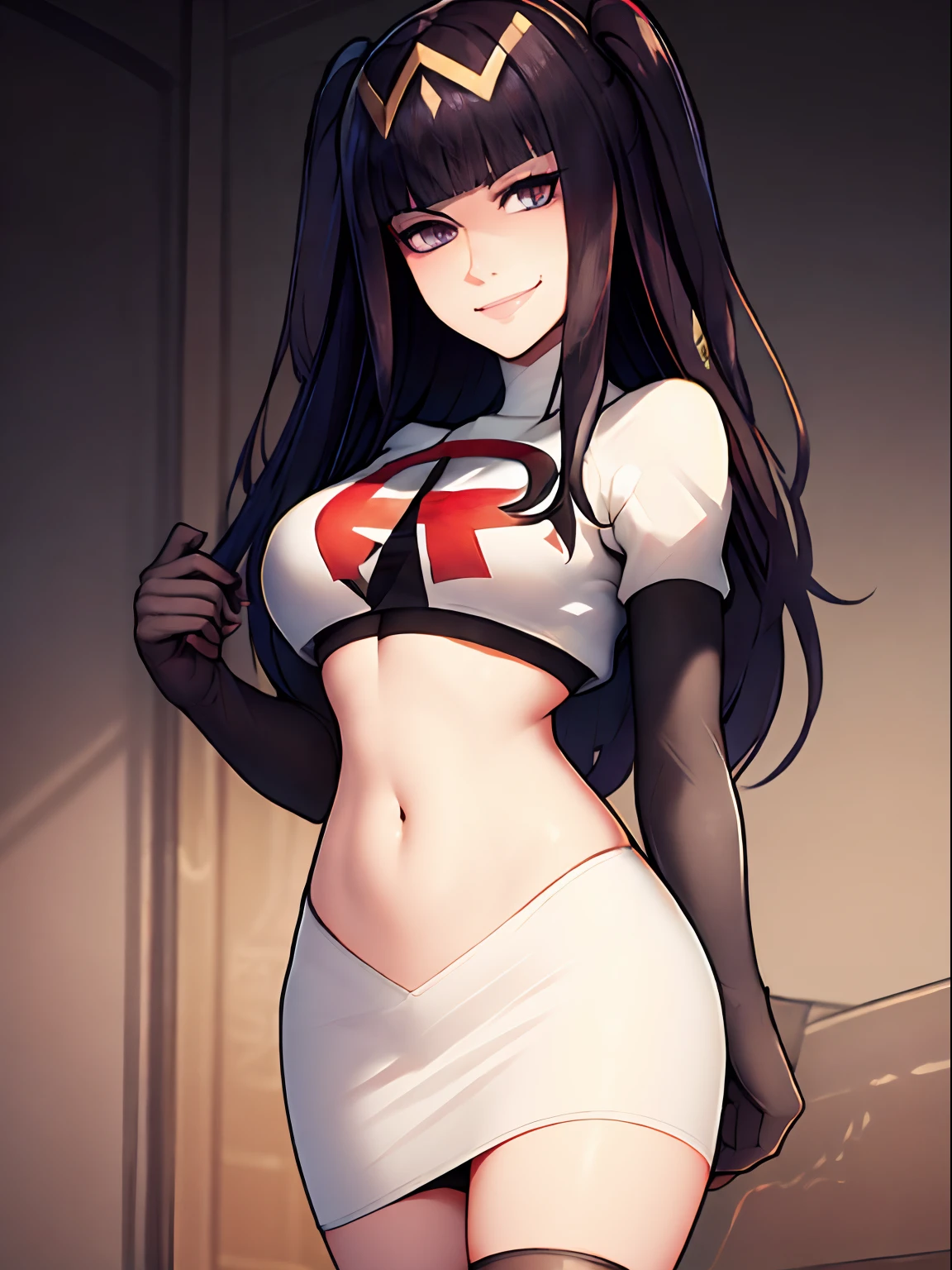 tharja, team rocket, team rocket uniform, red letter R, white skirt, white crop top, black thigh-high boots, black elbow gloves, looking at viewer, evil smile