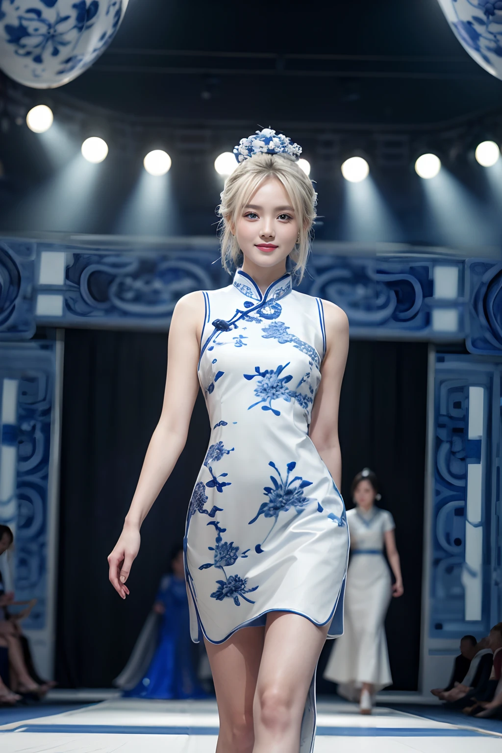 1girll, (Smile) stunningly beautiful girl, A fashion model, Chinese white cheongsam,(Blue and white porcelain style:1.5),(The cheongsam is decorated with blue and white patterns),ancient china art style,posed for photo, Translucent fabric,see through,Fashion show, Long face, Blue eyes, Sandy's blonde hair swept sideways, Short hair, Long ring, (Catwalk walk:1.5), The grand finale of the fashion show, Fashion show evening,running track, Huge stage, Paris Collection, NSFW, full bodyesbian, Masterpiece, Best quality, absurderes, Highest quality, Amazing details, 8K, Aesthetic