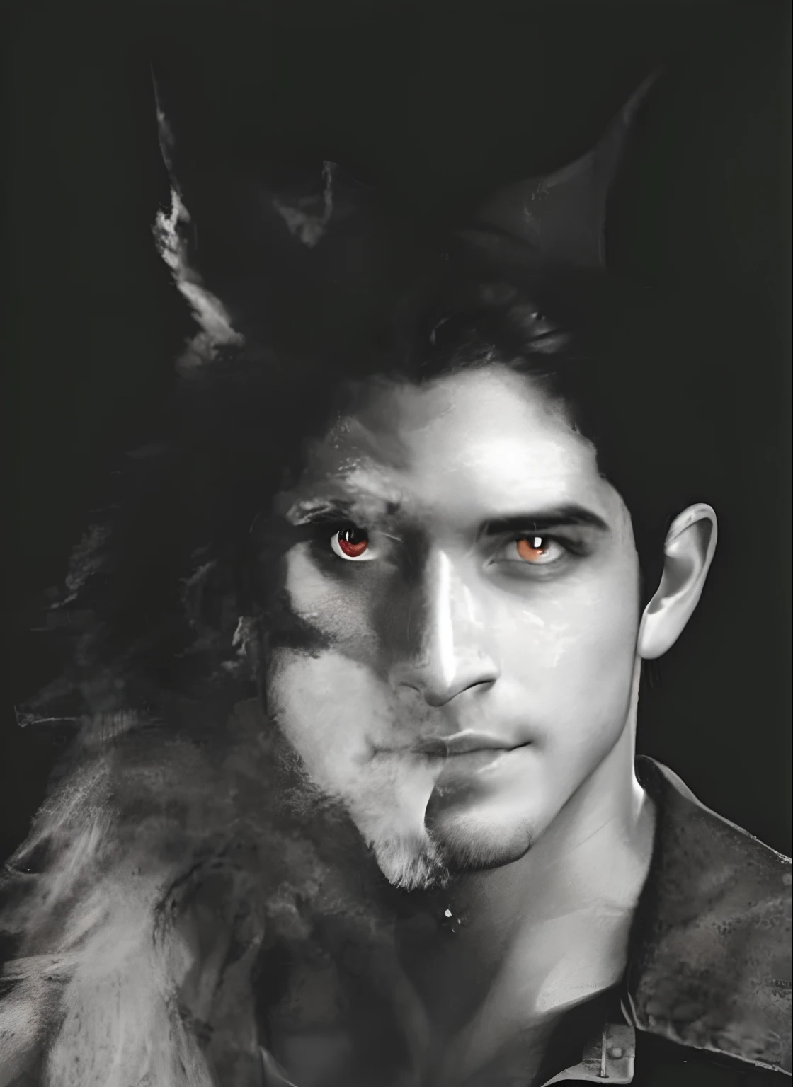 (melhor qualidade, preto e branco, alto contraste: 1.2), retrato detalhado de Tyler Posey como meio homem meio lobo, olhos de lobo vermelhos intensos e brilhantes, transformando-se em um lobisomem, Ultra-detailed half-lobe transformation, Strong chin and facial features,