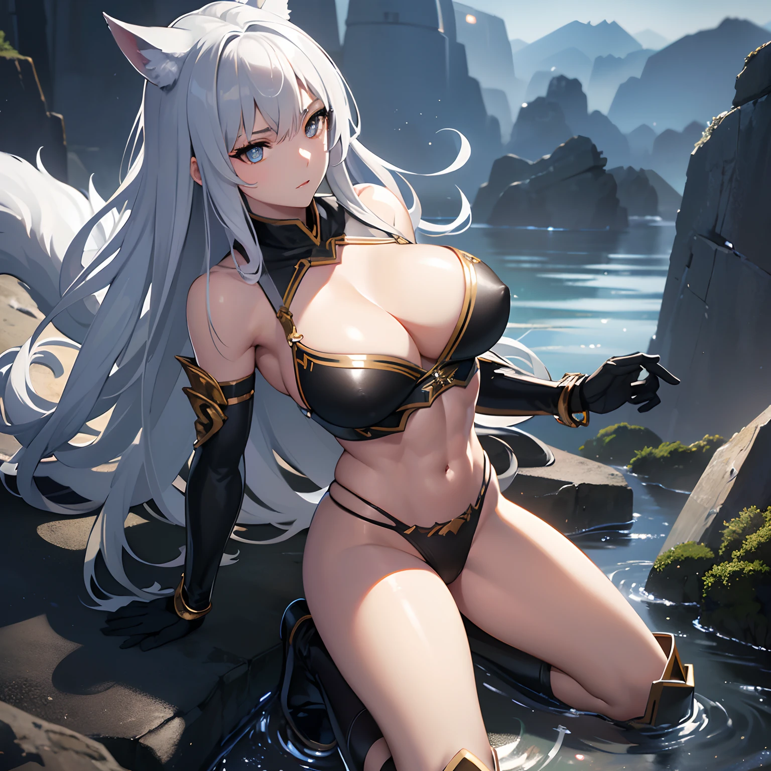 finest image, (8k, RAW photo, realistic), detailed and delicate depiction and flashy and dynamic painting method, beautiful silver wolf warrior, gold sharp eyes, huge breasts, abs, great proportion, battle uniform, black tube top bra, black high-leg panties, black engineer boots, machine-gun, background ruins, white haze, water drops, professional lighting