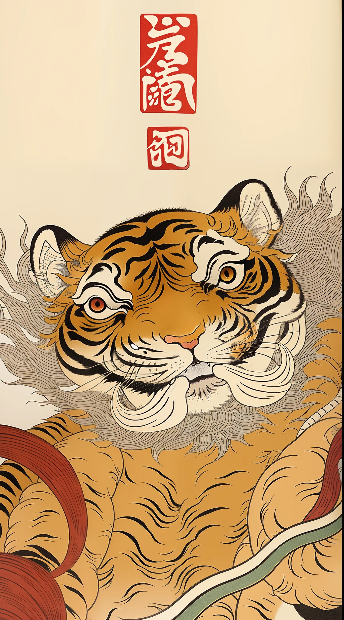 a close up of a tiger with a long tail and a long tail, inspired by Kawanabe Kyōsai, anthropomorphic tiger, inspired by Shunkōsai Hokushū, by Kawanabe Kyōsai, Inspired by Ryūkōsai Jokei, inspired by Kameda Bōsai