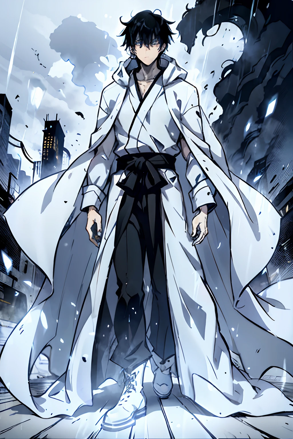 Toji Fushigoro, Fushigoro, Toji, Fushigoro Toji, long black hair, messy hair, glowing blue eyes, wearing a long white robe covering his full body, white trench coat, white gloves, white boots, white hood lowered, menacing, intimidating, young 20's, one man, Sung Jinwoo, standing in an abandoned city