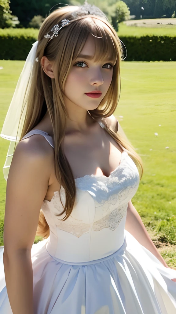 A girl,16 year old,european countryside,blonde,bangs bangs,pretty face,wedding dress,thick muscular arms