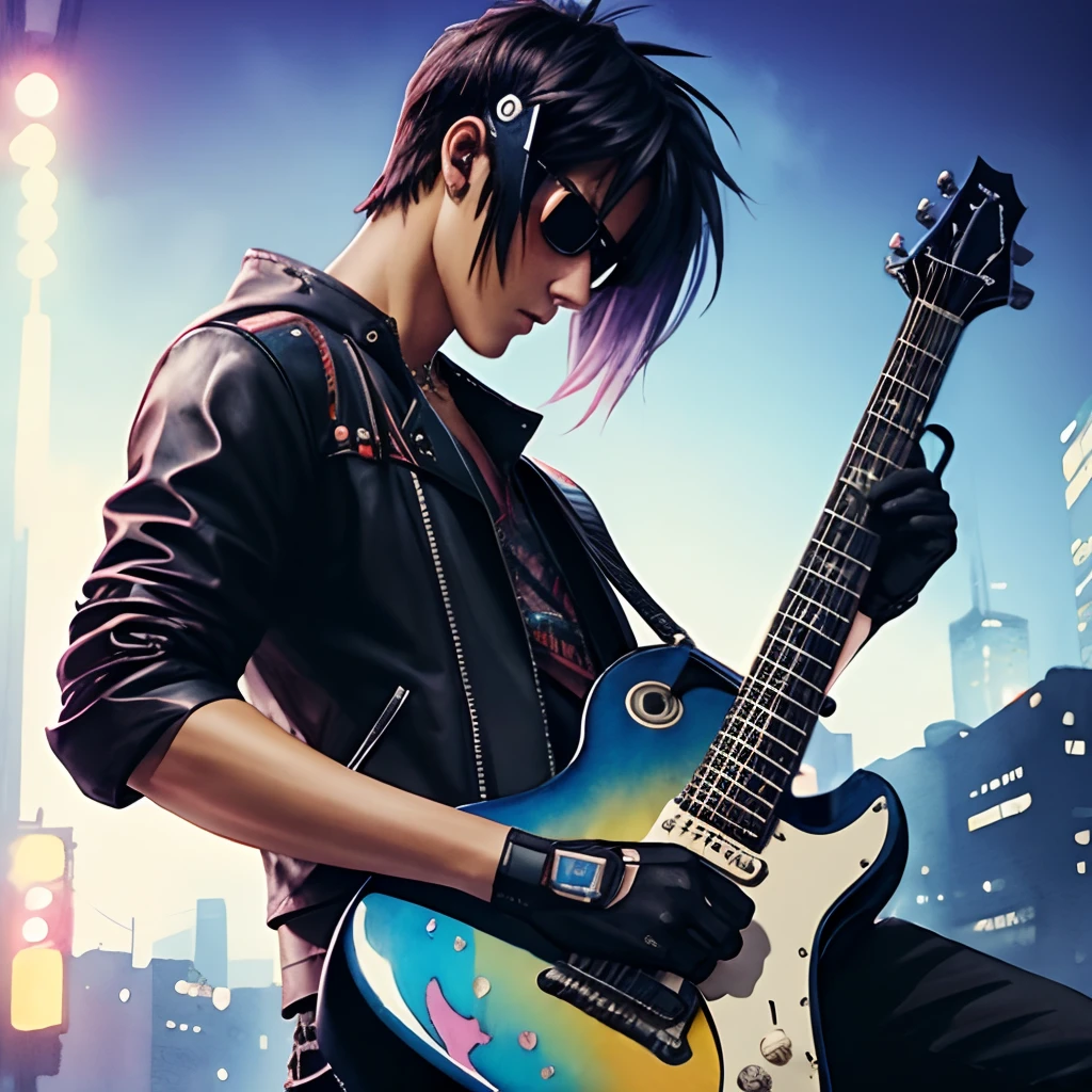 guitar,cyber punk,very watercolor,