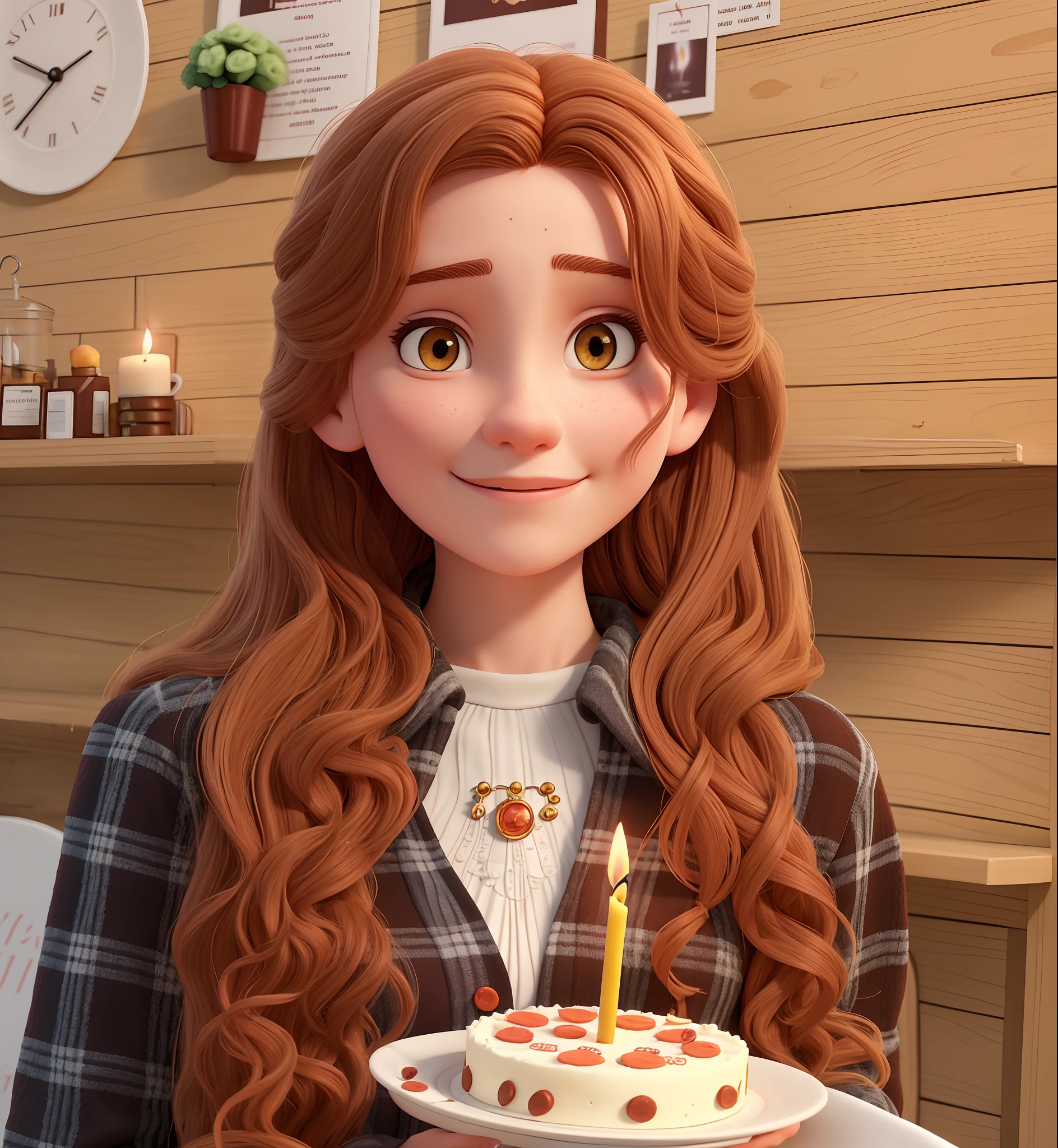 arafed woman holding a plate with a cake and a lit candle, anna nikonova aka newmilky, 18 years old, 19-year-old girl, 1 6 , yelena belova, she has long orange brown hair, sadie sink, with long hair and piercing eyes, 1 9 year old, is about 20 years old