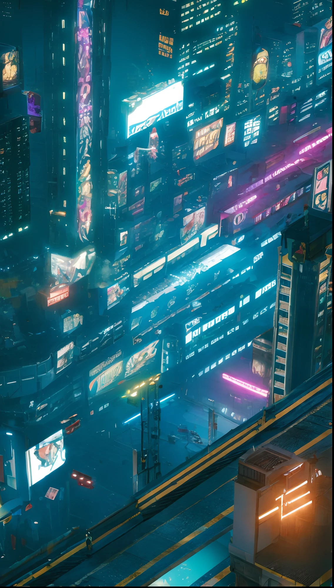 City of Gotham from a corner, no people on the streets, buildings, hoardings, big screens showing joker, city fully covered in Fogg, night, dark sky with no clouds, a little shade of yellow, dim Street lights, electric poles, cyberpunk and neon theme, chromatic abberation, soft lighting, extreme detail, small details, ultra HD, hyper realistic