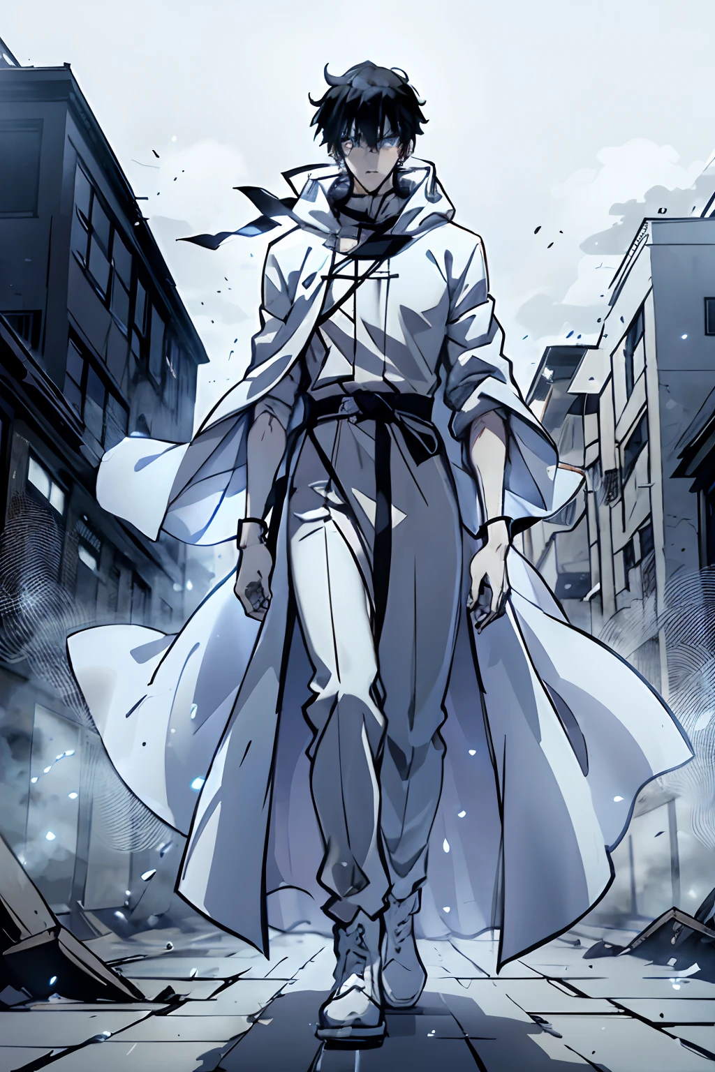 Toji Fushigoro, Fushigoro, Toji, Fushigoro Toji, long black hair, messy hair, glowing blue eyes, wearing a long white robe covering his full body, white trench coat, white gloves, white boots, white hood lowered, menacing, intimidating, young 20's, one man, Sung Jinwoo, standing in an abandoned city, solemale, singular man