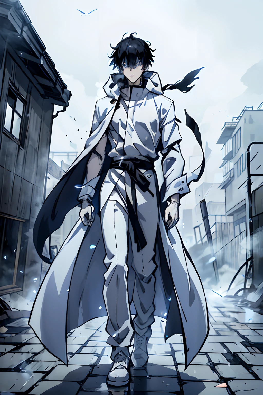 Toji Fushigoro, Fushigoro, Toji, Fushigoro Toji, long black hair, messy hair, glowing blue eyes, wearing a long white robe covering his full body, white trench coat, white gloves, white boots, white hood lowered, menacing, intimidating, young 20's, one man, Sung Jinwoo, standing in an abandoned city, solemale, singular man