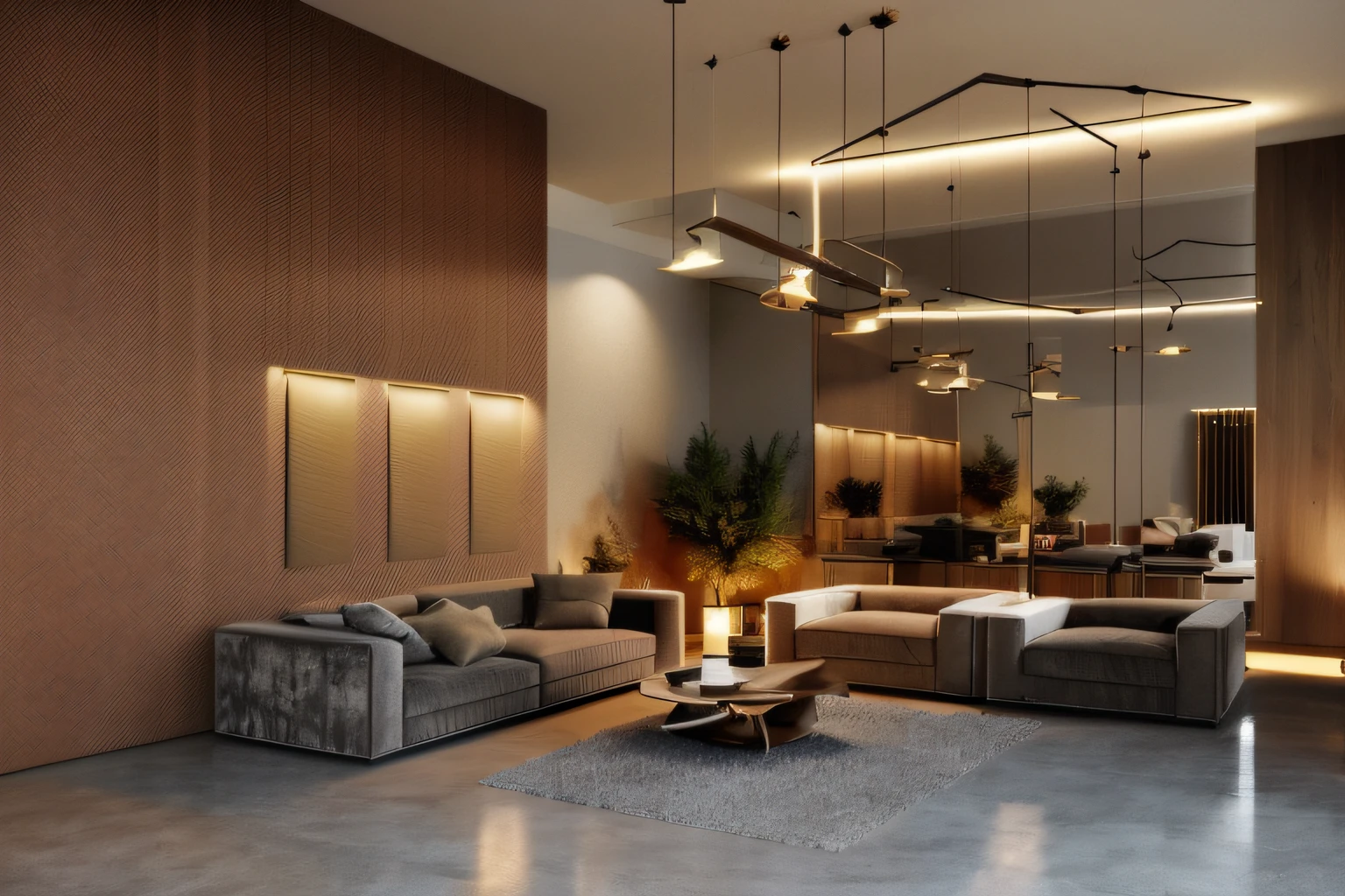 living room, MINIMUM, lights, lighting, max 3d rendering, warm tone