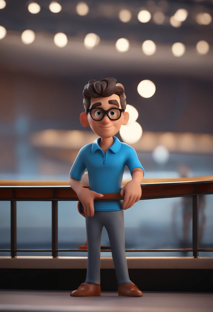 Cartoon character of a man with black glasses and a blue shirt, animation character, Caractere estilizado, animation style rendering, 3D estilizado, Arnold Maya render, 3 d render stylized, toon render keyshot, Personagem 3D, Personagem 3D, 3d rendering stylized, 3 d character render, personagem de desenho animado, Personagem de close up, Pose de personagem,  (Estilo Pixar) (master part:1.2) (Bokeh) (best quality) (pele detalhada) (textura detalhada) (8k) (argila) (Cinematic lighting) (foco nítido