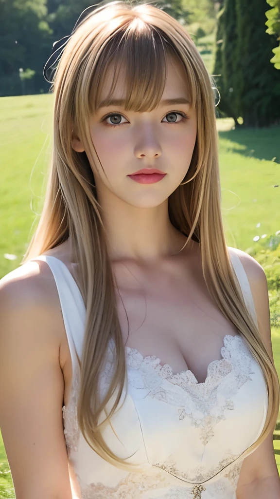 Realistic photo of a beautiful woman with a round face and high cheekbones, she has a cute button nose and small jaw, with large beautiful pale eyes, ((she has white blonde wavy hair with blunt bangs)), she is completely naked and shows her compact strong body with beautiful legasterpiece), (photorealistic:1.4), RAW photo, best quality, high res, rich colors, backlight, bright sunlight, cinematic lighting, film grain, raw photo, 50mm lens, Nikon D850, warm colors