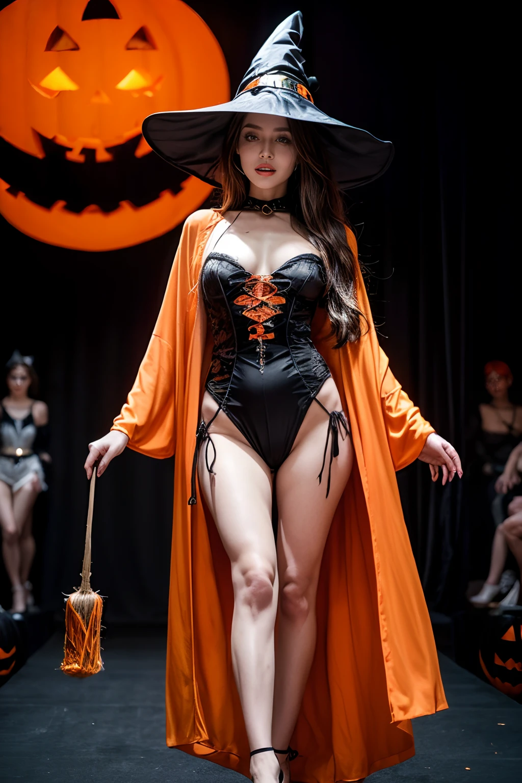 (Halloween Witch Fashion Show:1.5),1 witch, Amazingly beautiful witch, Put on a Halloween wizard robe,(in a halloween style:1.5),(The wizard's robe is decorated with pumpkin and bat motifs),posed for photo, Translucent fabric,see through,Fashion show, Long face, Blue eyes, (Catwalk walk:1.5), The grand finale of the fashion show, Fashion show evening,running track, Huge stage, Paris Collection, NSFW, full bodyesbian, Masterpiece, Best quality, absurderes, Highest quality, Amazing details, 8K, Aesthetic