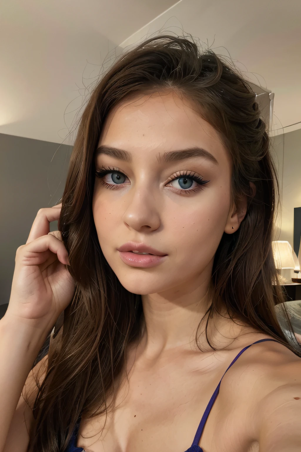 "(A perfect masterpiece:1.2), (the best quality:1.2), stunning face, uniform, mature and chubby, big pupils, bright eyes, makeup, long and luxurious eyelashes, full lips, irresistible carisma, full body, on the bed."