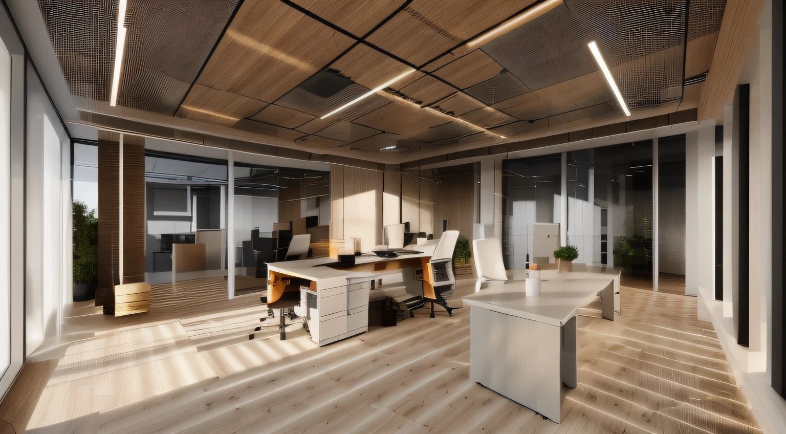 Office, MINIMALISM style, wooden floor, glass, led lights on the ceiling, 3d render, photo graphic