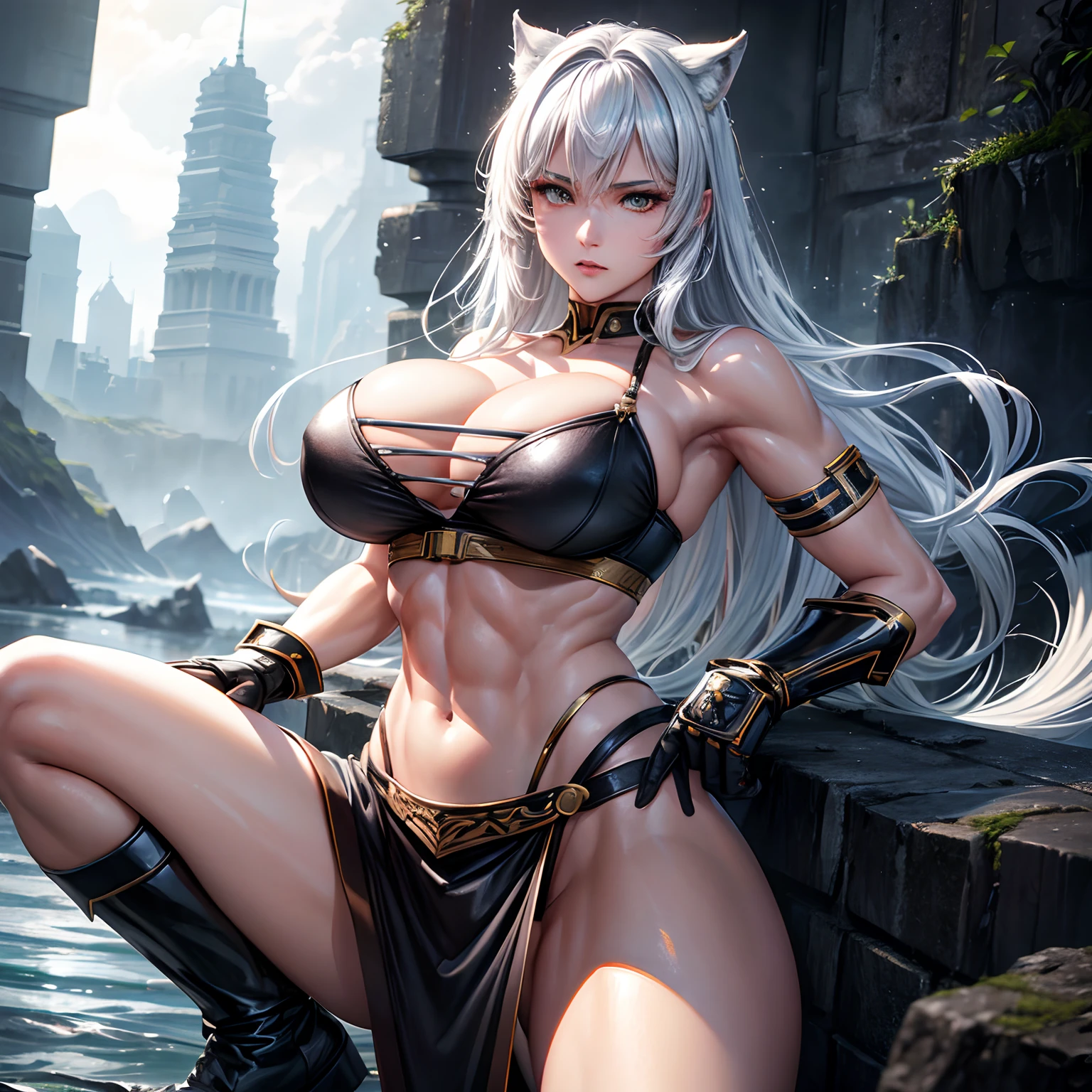 finest image, (8k, RAW photo, realistic), detailed and delicate depiction and flashy and dynamic painting method, beautiful silver wolf warrior, gold sharp eyes, huge breasts, abs, great proportion, battle uniform, black tube top bra, black high-leg panties, black engineer boots, machine-gun, background ruins, white haze, water drops, professional lighting