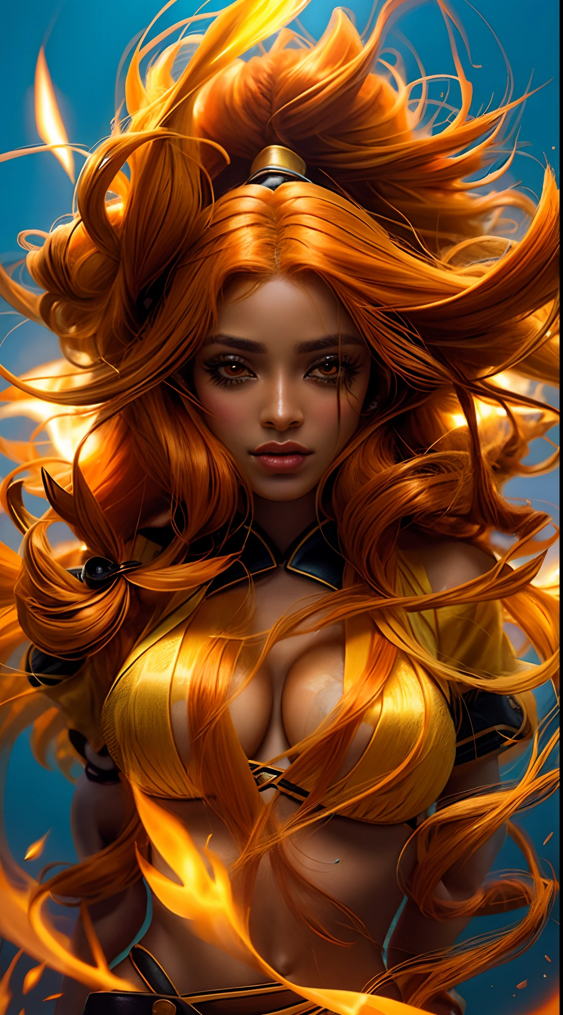 um close up de uma mulher com cabelo laranja e penas, orange flowing hair, pele laranja e cabelo ardente longo, cabelo laranja longo flutuando no ar, orange hair, cabelo laranja brilhante, cabelo de fogo, cabelo feito de fogo, cabelos flamejantes, pele laranja. intrincado, her hair is made out of fire, laranja vibrante, orange head, cabelo laranja brilhante, cabelo laranja espetado