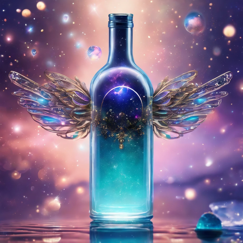 (best quality,4k,8k,highres,masterpiece:1.2),ultra-detailed,(realistic,photorealistic,photo-realistic:1.37),fantasy illustration,glass bottle,sparkling stars,floating,whimsical,beautifully lit,jewel-like,ethereal small fairies,enchanted atmosphere,magical,glowing lights,galaxy background,peaceful,moonlight shining,delicate wings,playful,glittering,tranquil,serene,subtle colors,dreamlike,cosmic,enchanted,otherworldly,mystical,fantastical,celestial,shimmering