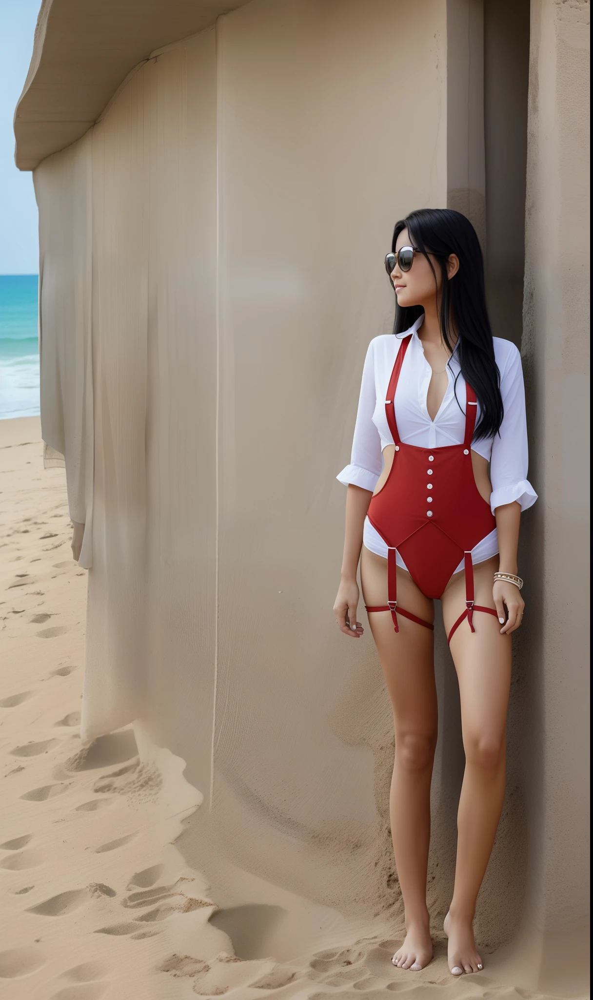 A woman wearing a red suspender is standing by the beach, around 26 years old, with a melon seed face, long black hair, and no shoes on. On the beach, I hope the character you painted is a real person --auto --s2
