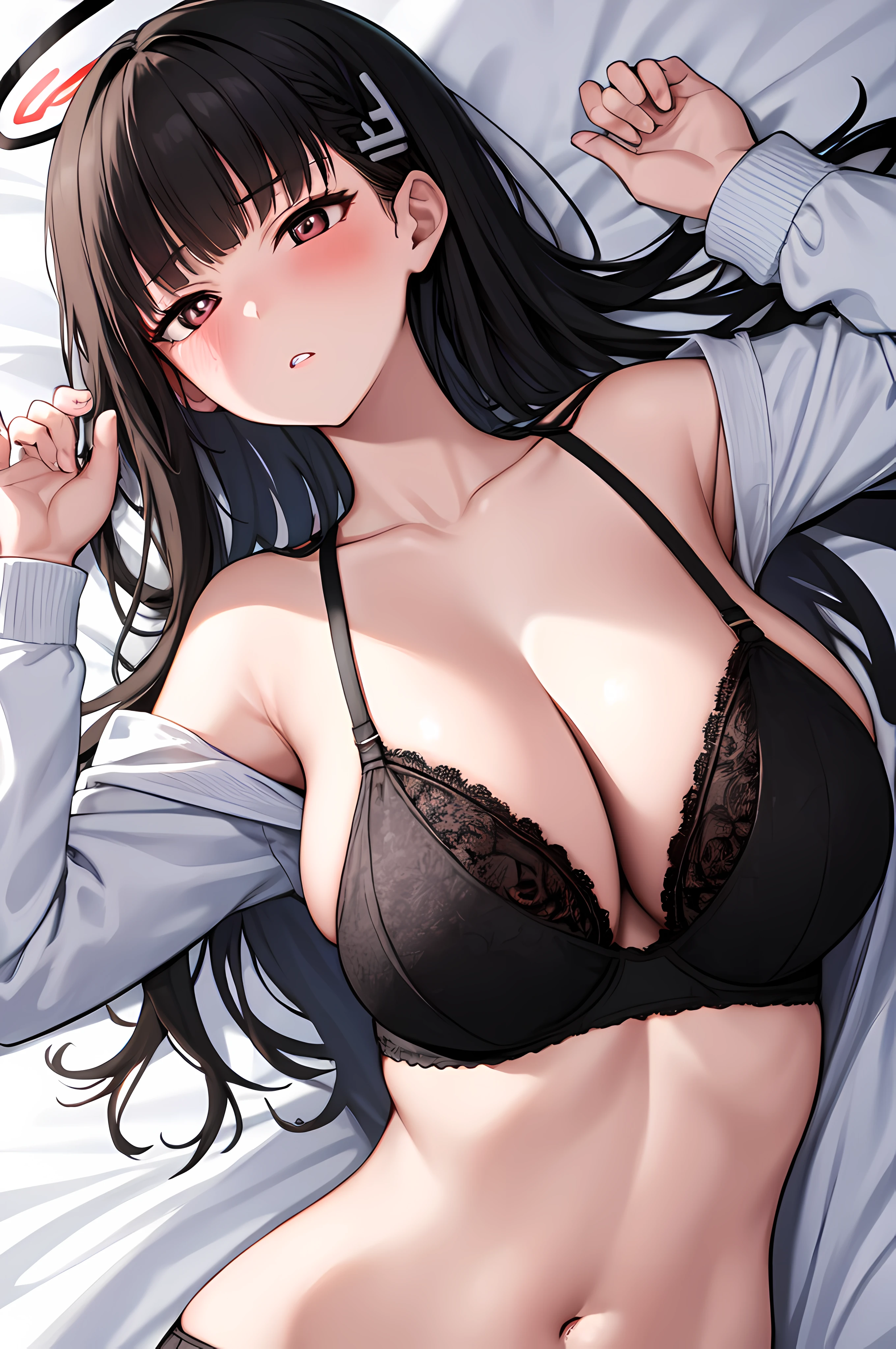 1girl, rio, blunt bangs, long hair, halo, hair ornament, white sweater, long sleeves, hand on own chest, on bed, lying, close-up, nipslip, black bra, parted lips, steaming body, blush