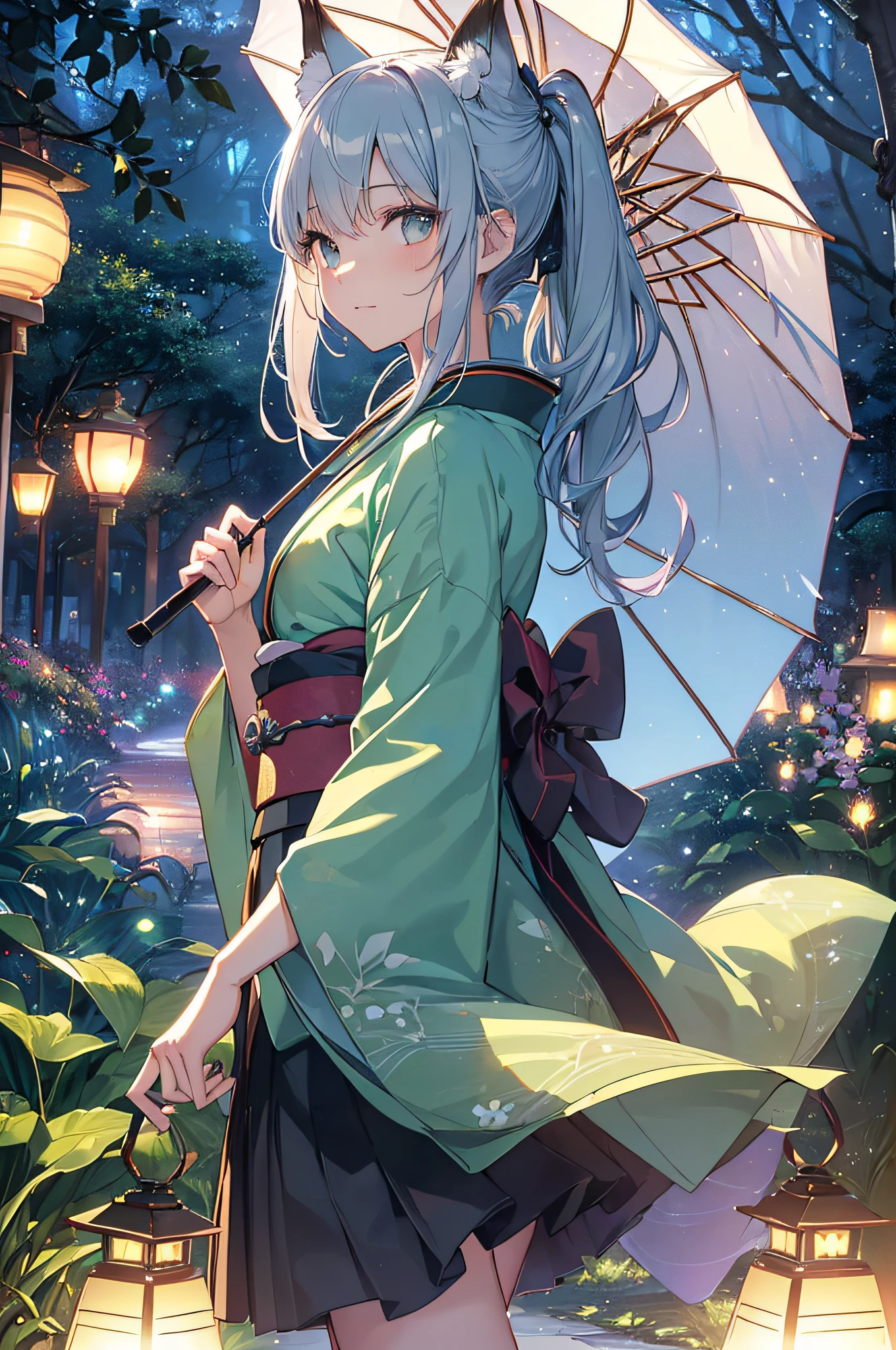 (Official art、Best Quality、Unity 8k Wallpapers、32K、masterpiece、ultra-detailliert、超A high resolution、realisitic、Photorealsitic:1.2)、(Cinematic lighting:1.2)、Fireglow effect、film grains、Best Shadows、Rim lighting、side lights、(Ultra-detailed and complex 3D rendering)、Detailed beautiful face and eyes、(Realistic pupils、Sharp pupils)、(Full body:1.2)、(sideshot、Looking away:1.2)、(Mystical)、Highly detailed background、beauitful face、blurry backround、(super detailed skin、detailed skin textures:1.3)、(There are many umbrellas hanging from trees, in a candy forest! At night, evening lanterns, Colorful lanterns, lanthanum, Japan at night, Colorful lanterns, Hanging lanterns, Wonderland at night, With lantern, Enchanted Garden Photos, parasol, illuminating the area, Outdoor Art Installation, glowing lanterns, !!Beautiful!!, magic scenes:1.2)、cowboy shot、shinny skin、beauitful face、blurry backround、20-year-old beauty、shinny skin、(On his waist is a silver fox tail:1.0)、Beautiful silver hair、short-hair、(poneyTail:1.2)、green colored eyes、Fox ears、hair adornments、Gentle smile、(Kimono:1.2)、a miniskirt、wearing kneesocks、beauty legs、