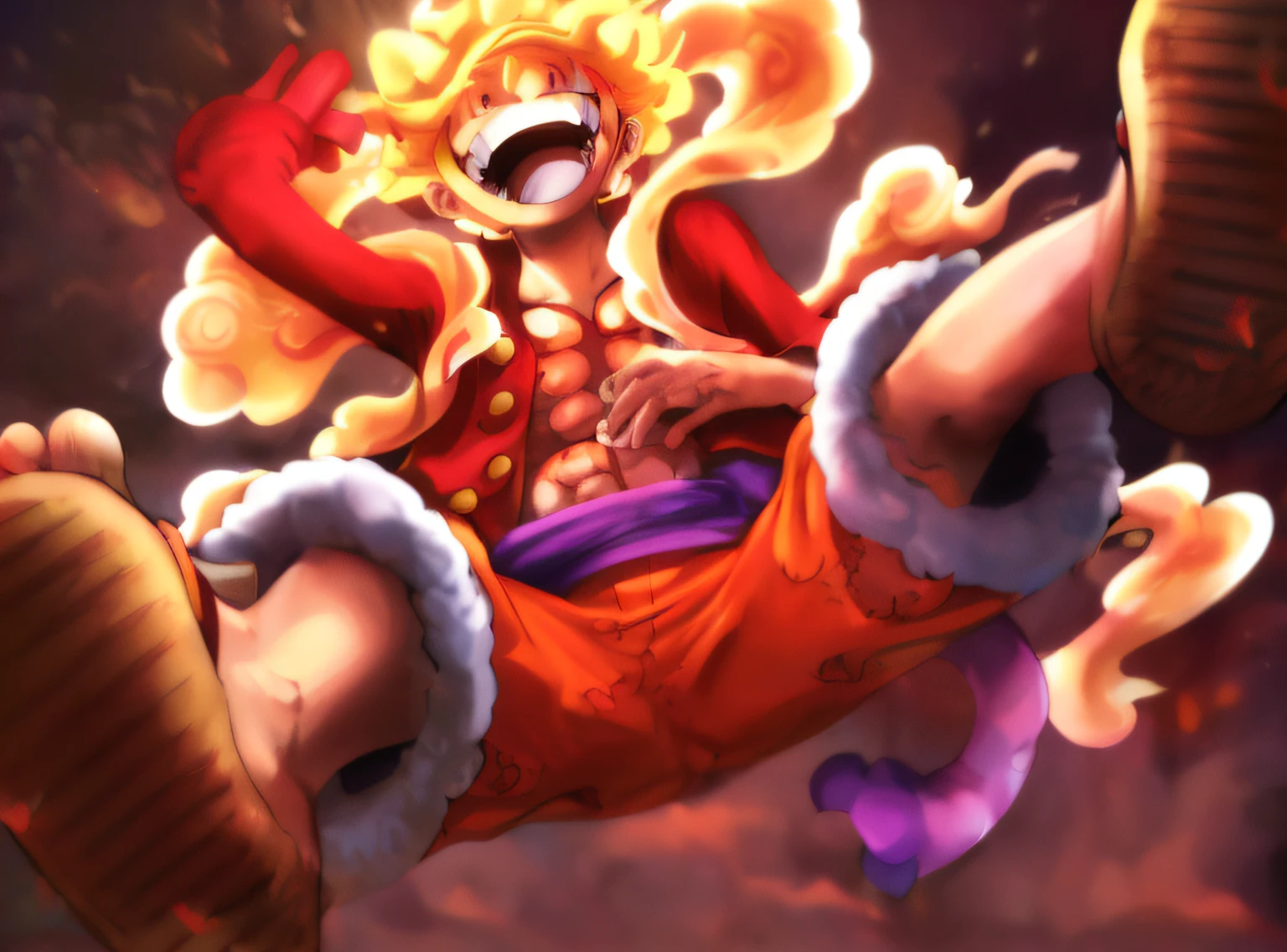 anime character with a very long hair and a very big smile, sun wukong, from one piece, one piece artstyle, luffy gear 5, luffy (one piece, nami one piece, hq artwork, luffy, splash art, vibrant fan art, monkey d luffy, key anime art, one piece style, iconic character splash art, fan art