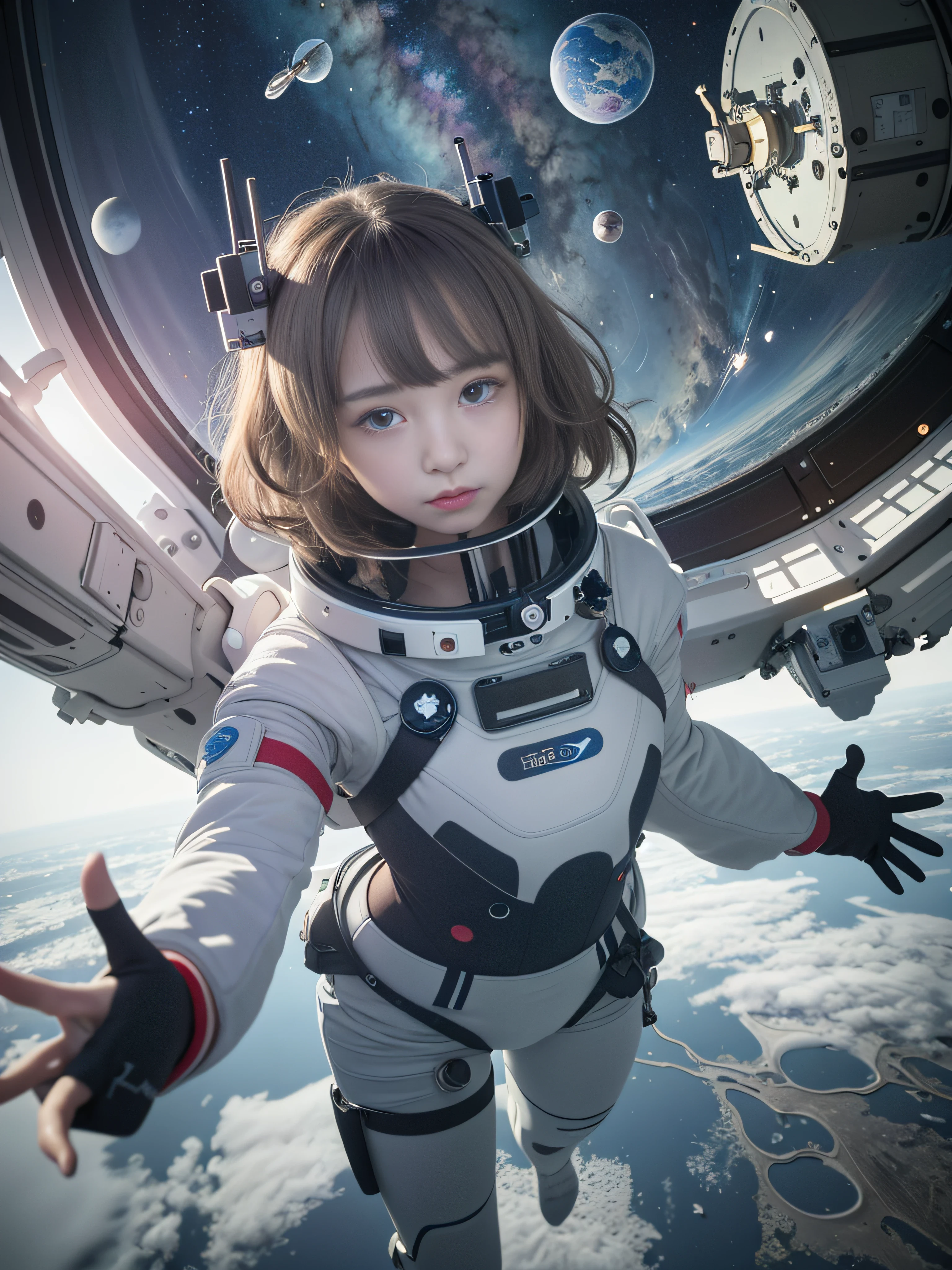 Absurd resolution, hight resolution, (​masterpiece:1.4), The ultra-detailliert, 1girl in, floated hair、floating, in a spacesuit, Seen from above, kosmos, Planktonic, satellite, Operations in outer space, wide-angle lens distortion