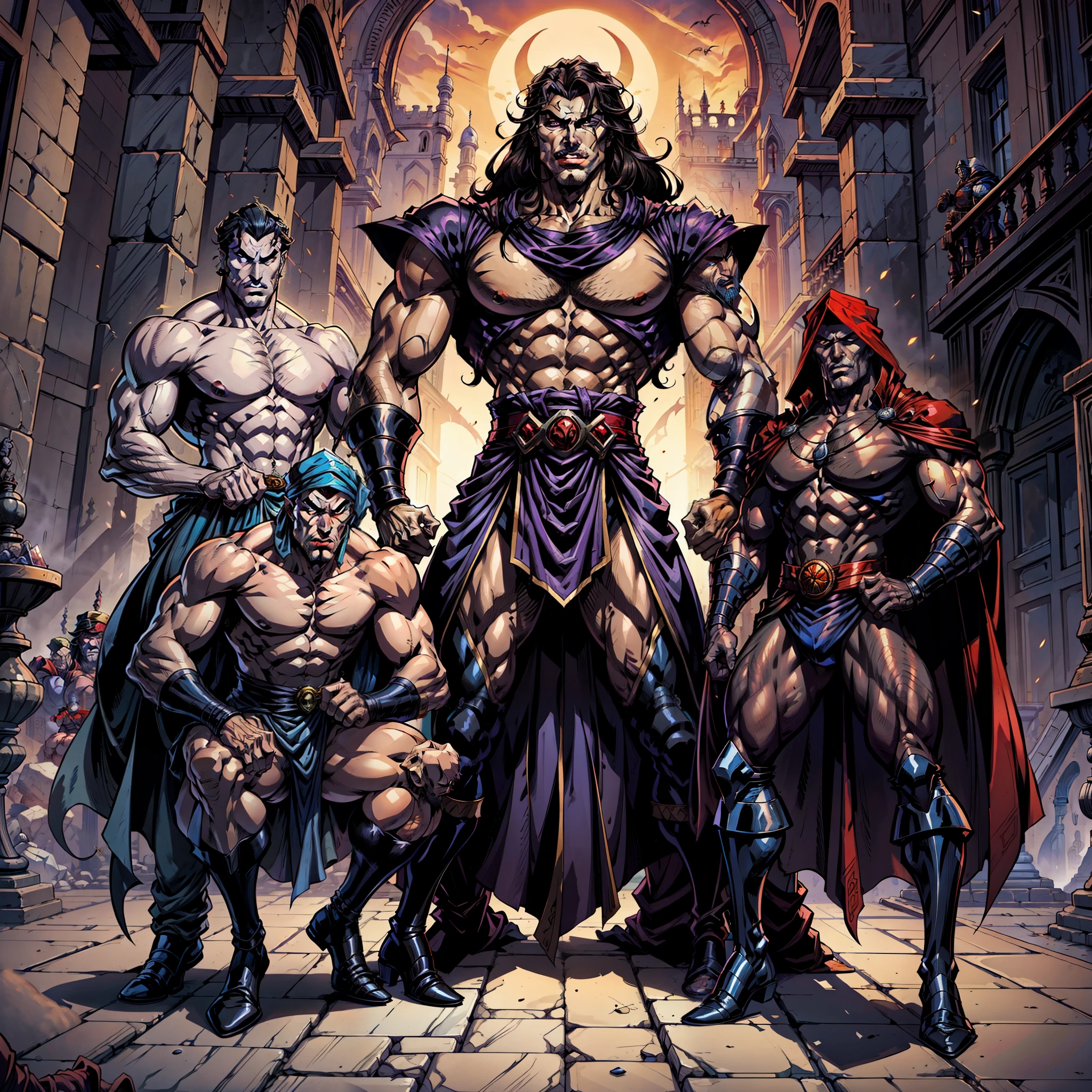 Castlevania Hyper Realistic Lord of Shadows Super Detailed Moroccan Arabic Lord Dracula Muscular Hokuto no Ken kenshiro , fearless, Handsome Scary Man withbred Islamic Turban Moroccan Islamic Castlevania Shadow Lords Leading Troops Armed with Demons