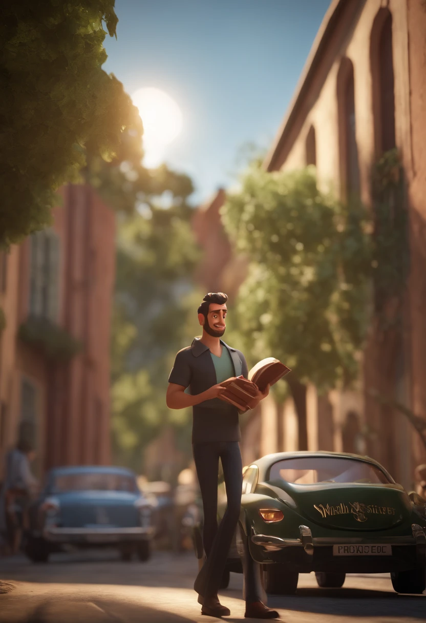 Personagem de desenho animado de um homem uma camisa polo preta, calsa jeans, with a Bible in His hand, um personagem animado, Caractere estilizado, animation style rendering, 3D estilizado, Arnold Maya render, 3 d render stylized, toon render keyshot, Personagem 3D, Personagem 3D, 3d rendering stylized, 3 d character render, personagem de desenho animado, Personagem de close up, Pose de personagem, (Estilo Pixar) (master part:1.2) (Bokeh) (best quality) (pele detalhada) (textura detalhada) (8k) (argila) (Cinematic lighting) (foco nítido,Senta e vaza a parte superior do corpo