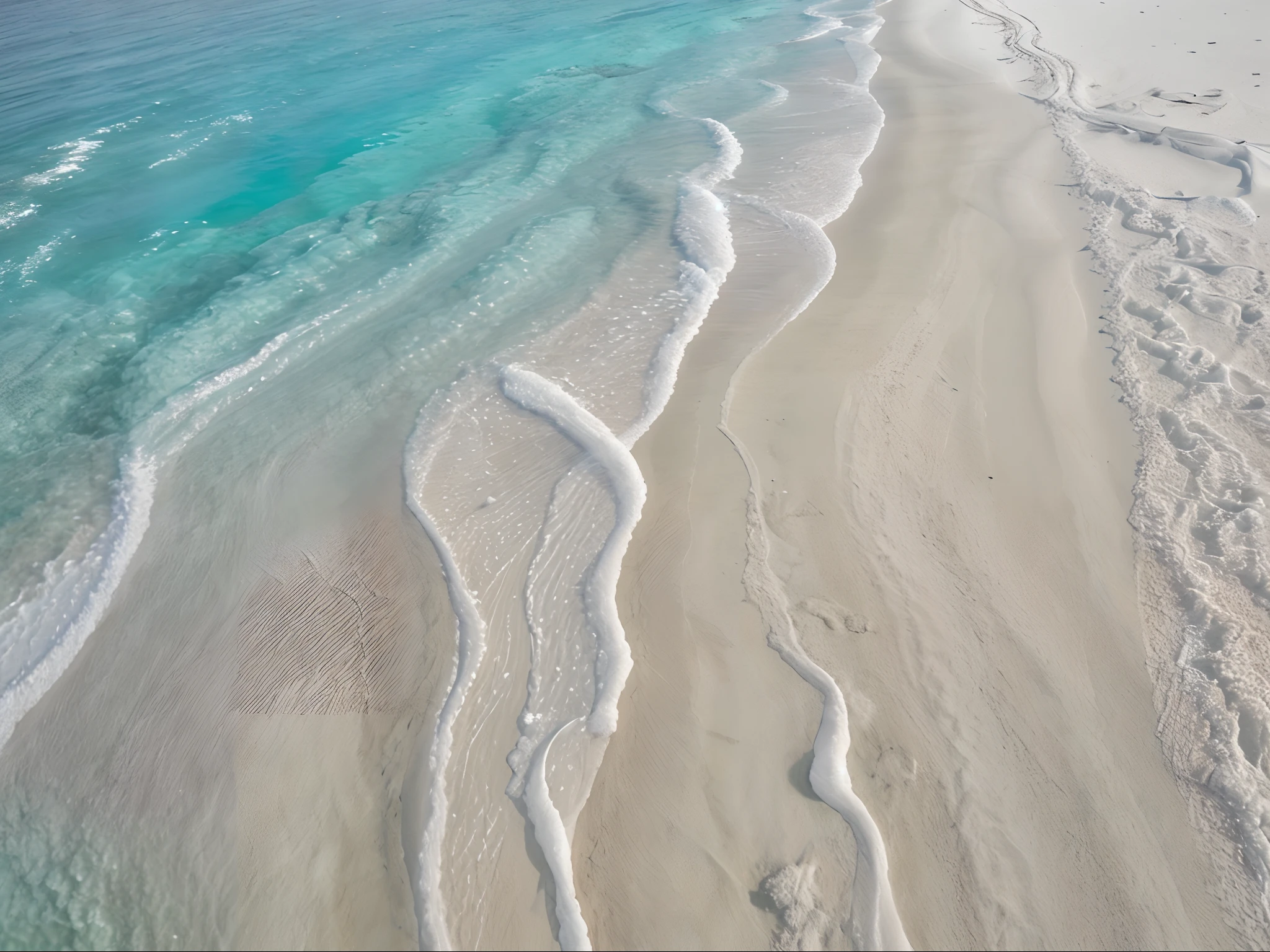 Pristine White Sand Beaches: Crystal-clear waters meeting soft, powdery white sand, a paradisiacal scene.
