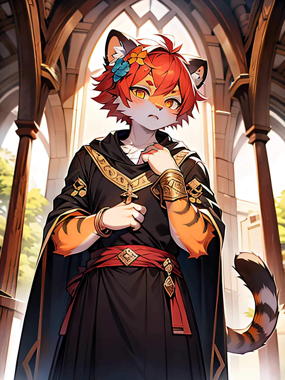 Tiger ears, Tiger Girl, Tiger tail, hair flower, hair adornments, Orange eyes, Orange hair, Short hair, Tail,   Monastic uniforms，Chest bulge