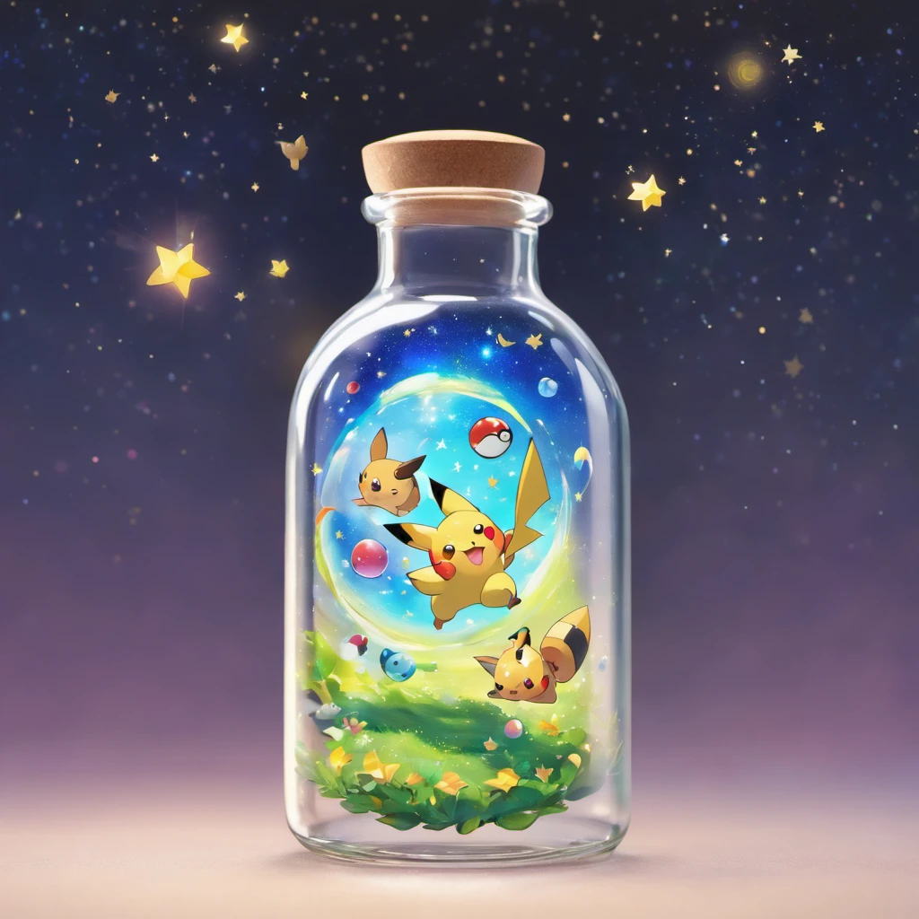 A round glass bottle contains several pixies，Floating in the starry sky of the universe