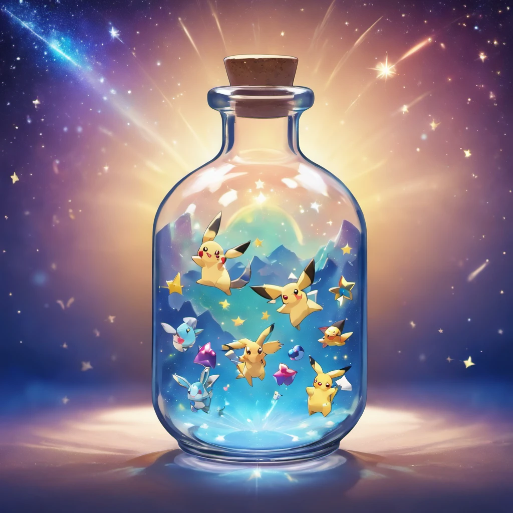 A round glass bottle contains several pixies,Floating in the starry sky of the universe