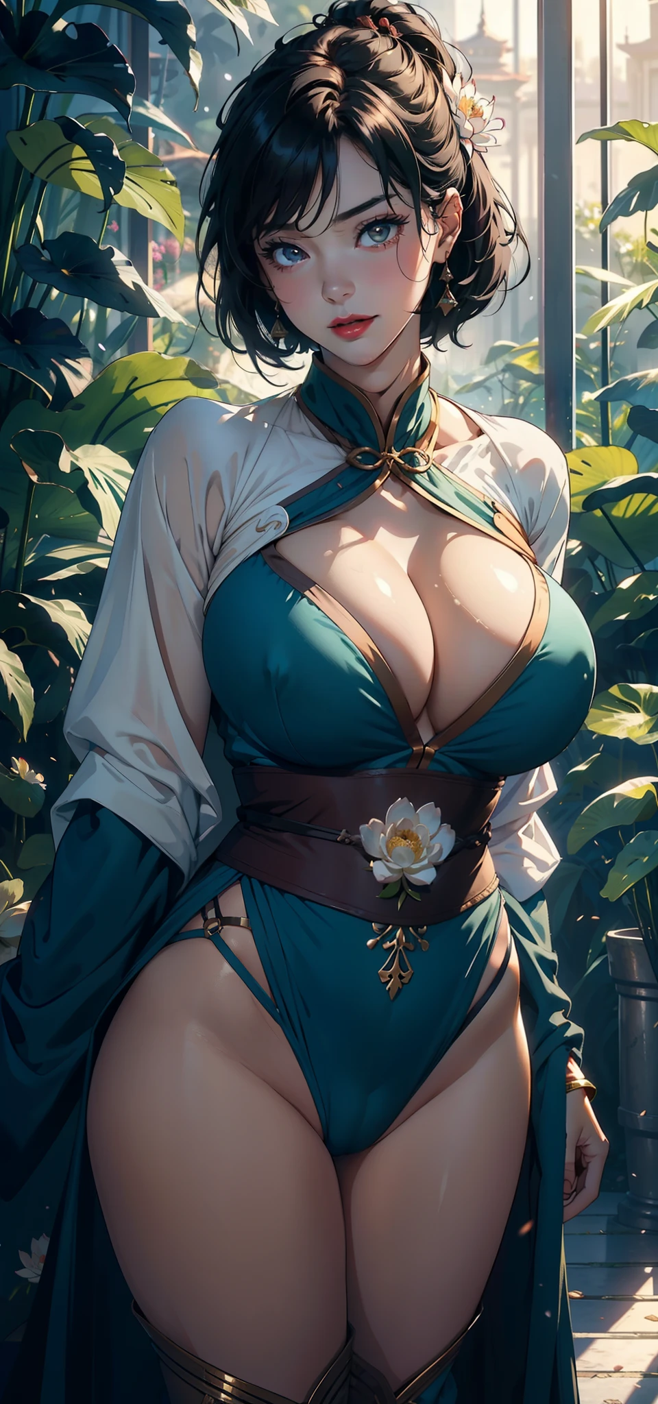 1female,45 yers old,A MILF,熟妇,mature,extremely large bosom,huge tit, A sagging breast,独奏,(Background with:hospitals,the rainforest,lotus flower,Sateen) She has short black hair,bobo head,,seen from the front, standing in forest, mostly cloudy sky,(((tmasterpiece),(Very detailed CG unity 8K wallpaper),best qualtiy,cinmatic lighting,detailed back ground,beatiful detailed eyes,Bright pupils,Black eyes,Snow-whiteskin,Redlip(Very fine and beautiful),(Beautiful and detailed eye description),ultra - detailed,tmasterpiece,))facing at camera,A high resolution,ultra - detailed),extremely large bosom,A sagging breast,revealing breasts,Bare genitalia, Bulge,legs are open,Raised sexy,Camel toes,Flushed complexion,Desire for dissatisfaction,frontage,(Wearing:,Green cheongsam,Superman uniform)