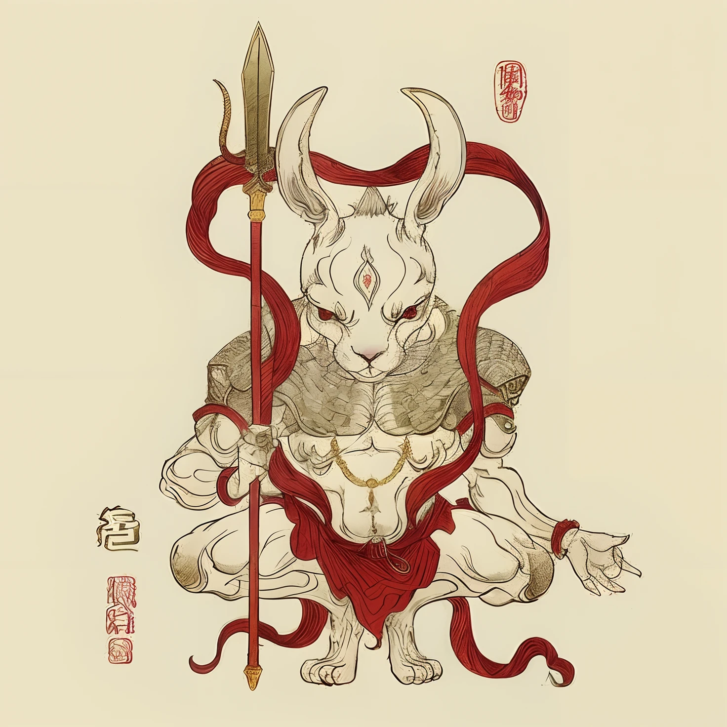 there is a drawing of a goat with a sword and a snake, rabbit warrior, inspired by Tōshūsai Sharaku, james jean artwork, inspired by Shunkōsai Hokushū, asura from chinese myth, Inspired by Ryūkōsai Jokei, jc leyendecker and sachin teng, jean-sebastien rossbach
