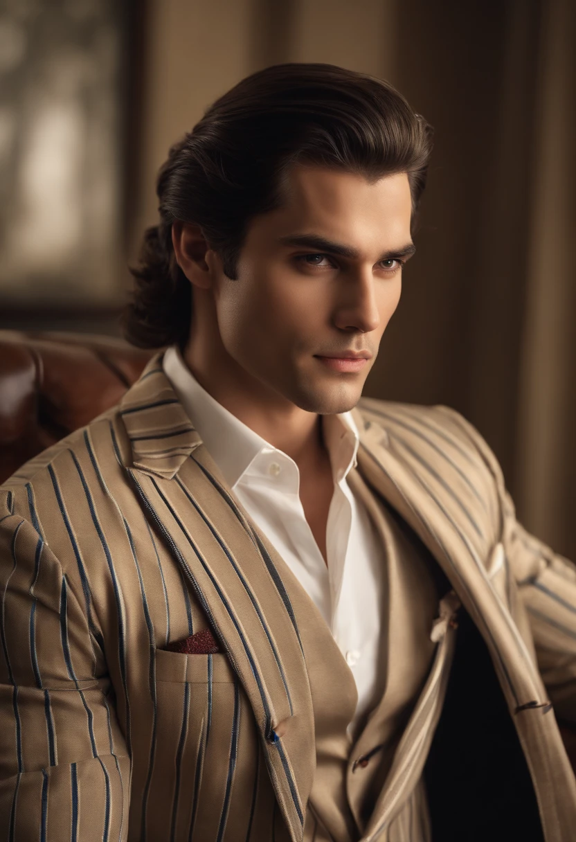 The character stands with straight arms., dark hair (Long hair, neck tied with a ponytail.), Good poses, Handsome Man, pretty face, royal elegant pose, businessman, (In a striped blazer.), (The surrounding environment is an elegant and classic living room.) (Sand tone images)
