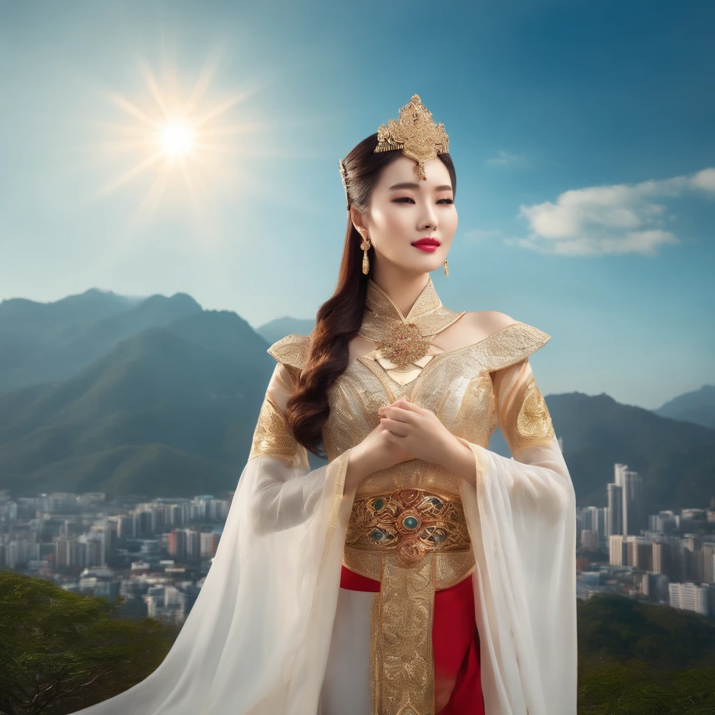 A model Korean lady with Thai costume with a background of the mountain in the sun shine in the blue sky in the modern city, SciFi technology city