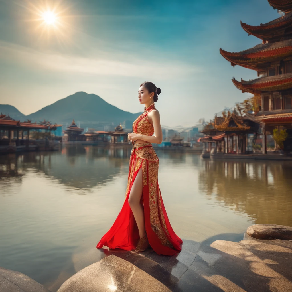 A model Korean lady with Thai costume with a background of the mountain in the sun shine in the blue sky in the modern city, SciFi technology city