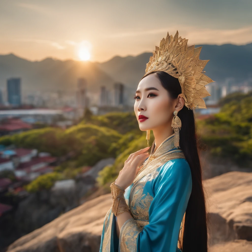 A model Korean lady with Thai costume with a background of the mountain in the sun shine in the blue sky in the modern city, SciFi technology city