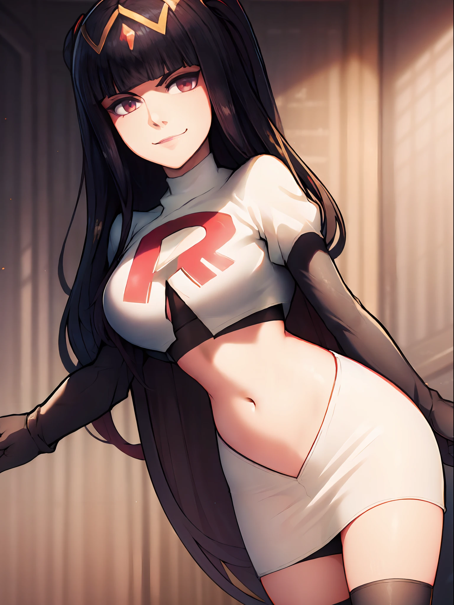 tharja, team rocket, team rocket uniform, red letter R, white skirt, white crop top, black thigh-high boots, black elbow gloves, looking at viewer, evil smile