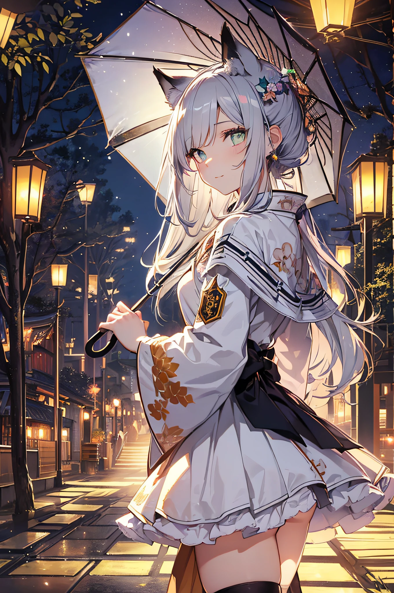 (Official art、Best Quality、Unity 8k Wallpapers、32K、masterpiece、ultra-detailliert、超A high resolution、realisitic、Photorealsitic:1.2)、(Cinematic lighting:1.2)、Fireglow effect、film grains、Best Shadows、Rim lighting、side lights、(Ultra-detailed and complex 3D rendering)、Detailed beautiful face and eyes、(Realistic pupils、Sharp pupils)、(Full body:1.2)、(sideshot、Looking away:1.2)、(Mystical)、Highly detailed background、beauitful face、blurry backround、(super detailed skin、detailed skin textures:1.3)、(There are many umbrellas hanging from trees, in a candy forest! At night, evening lanterns, Colorful lanterns, lanthanum, Japan at night, Colorful lanterns, Hanging lanterns, Wonderland at night, With lantern, Enchanted Garden Photos, parasol, illuminating the area, Outdoor Art Installation, glowing lanterns, !!Beautiful!!, magic scenes:1.2)、cowboy shot、shinny skin、beauitful face、blurry backround、20-year-old beauty、shinny skin、(It has a silver fox tail on its waist:1.2)、Beautiful silver hair、short-hair、(poneyTail:1.0)、green colored eyes、Fox ears、hair adornments、Gentle smile、Sunny Clothes、a miniskirt、wearing kneesocks、beauty legs、